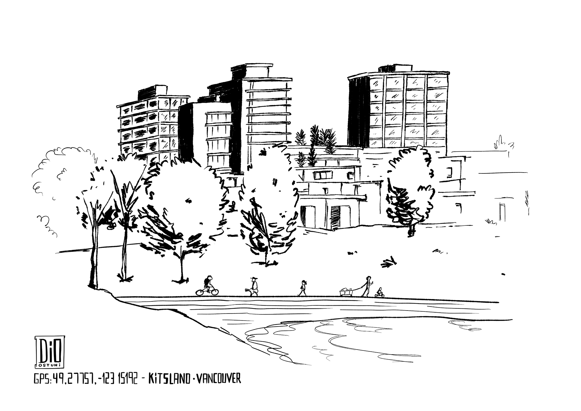 Buildings of Kitslano Beach - Sketch line from sketchbook