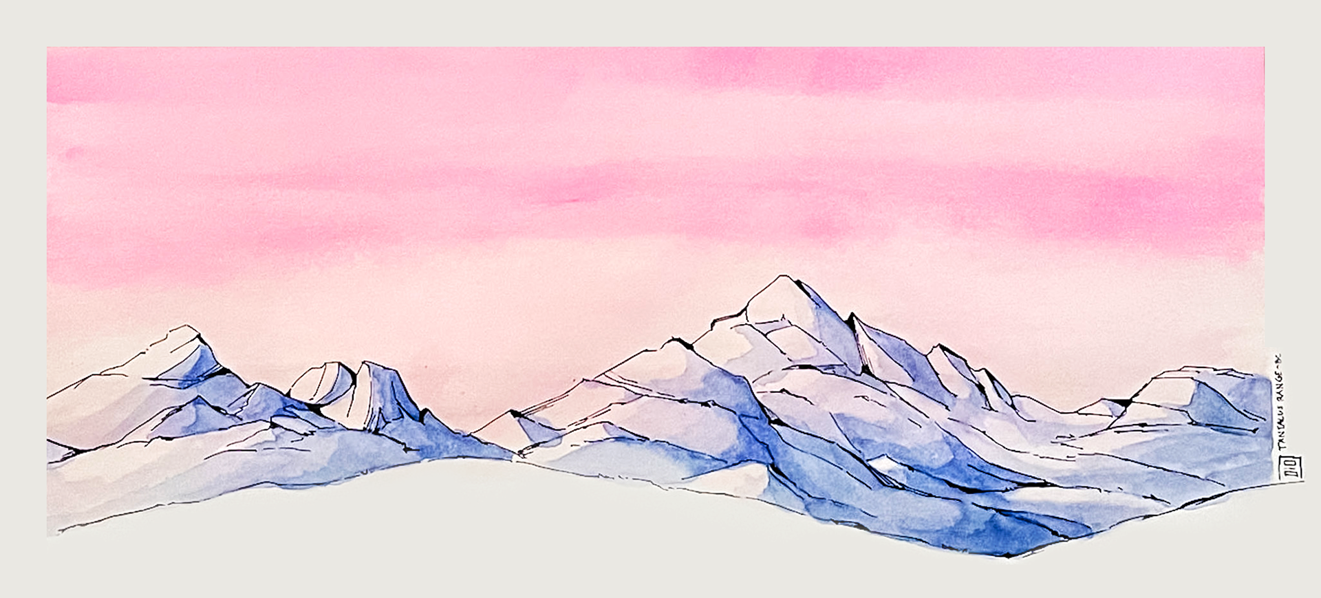 Sketch on location with watercolour on paper of Tantalus Mountain Range - BC