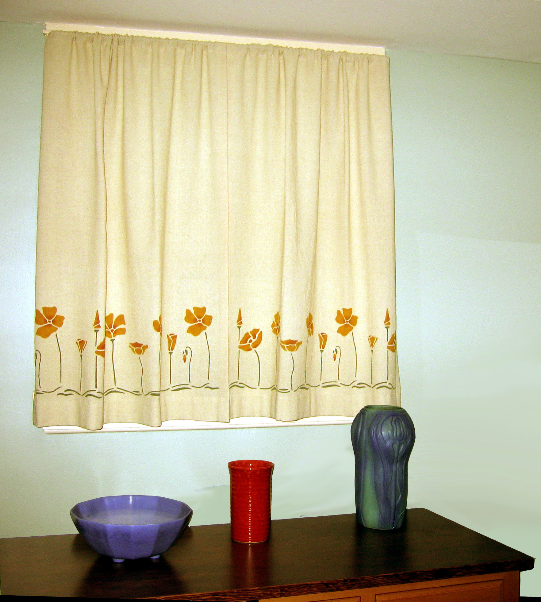 Stencilled Poppy Curtains, Irish Linen, cream;casing top.