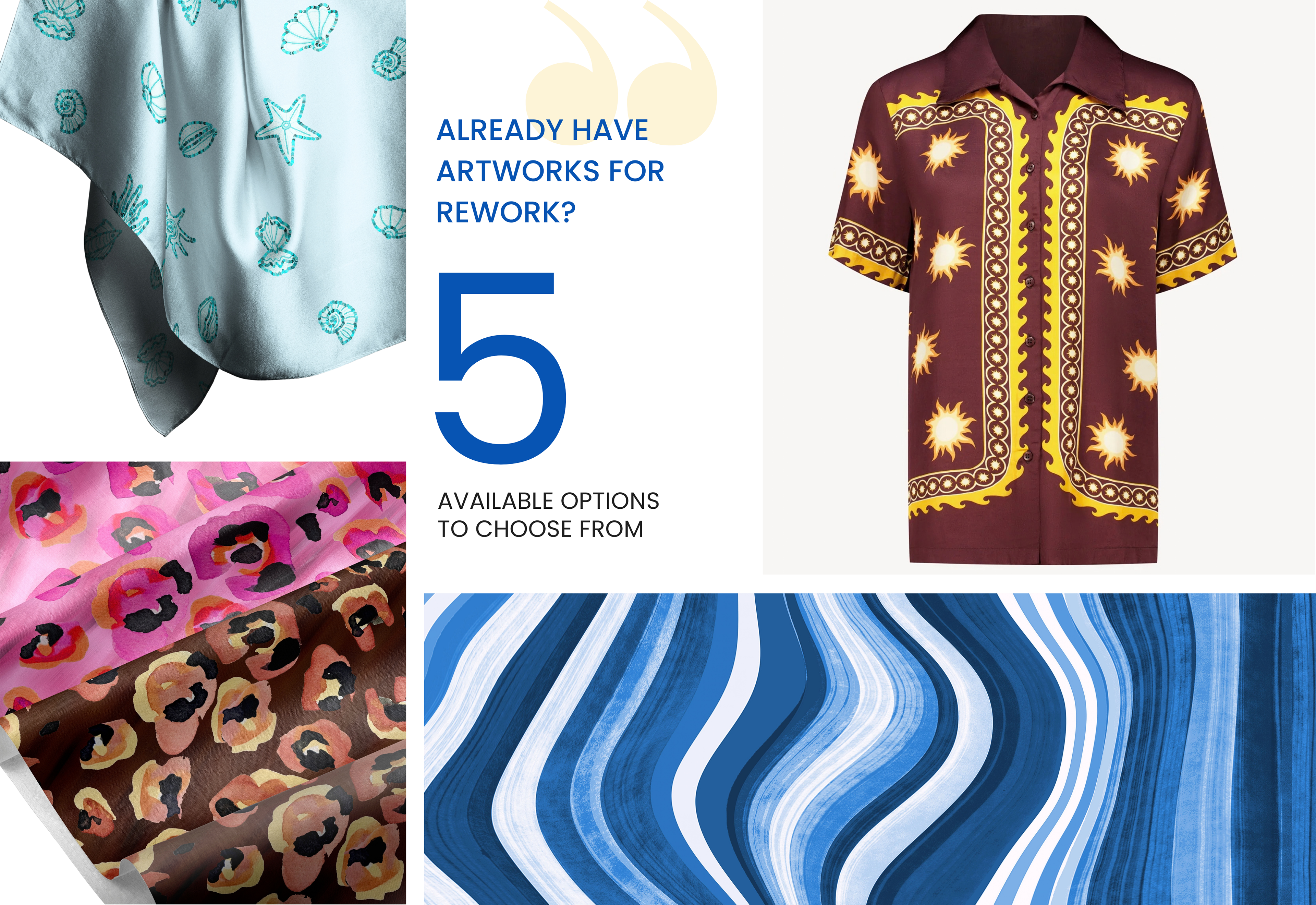 Textile print adaptation and colourway development for fashion, featuring scarf, animal, sun motif and abstract stripe prints.