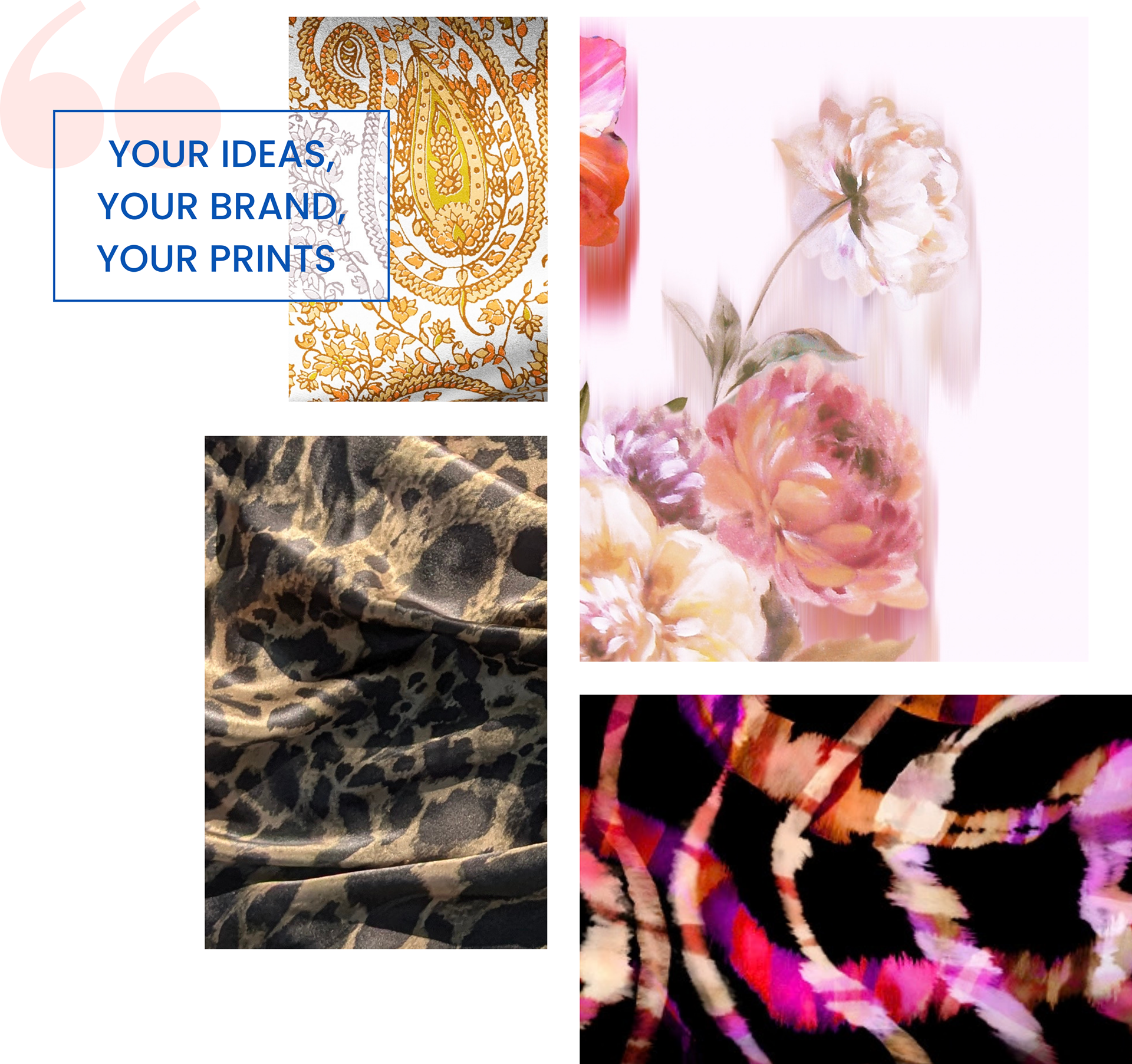Custom fashion print design collage featuring paisley, painterly floral, animal print and abstract textile patterns for womenswear and lifestyle brands.