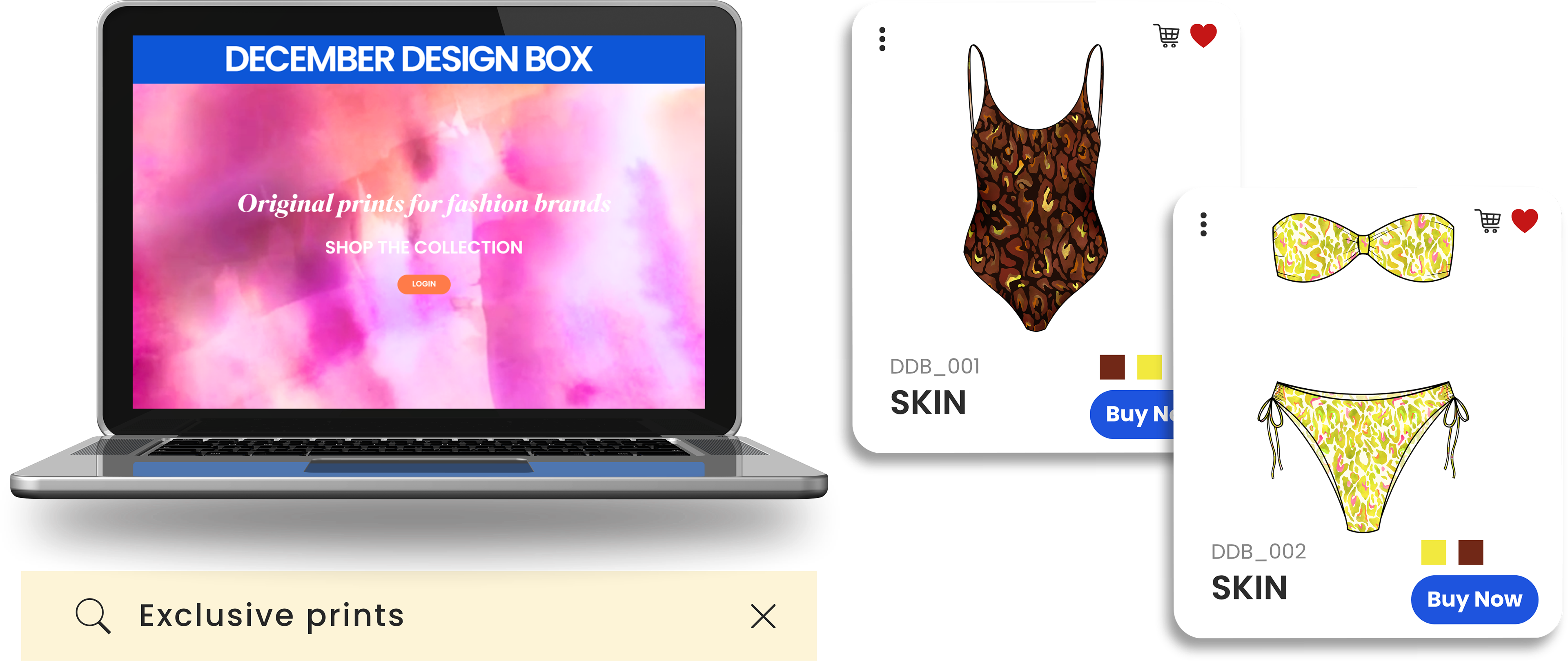 December Design Box ready-to-print library featuring a brown, rust and lime abstract animal-print swimsuit design, with an online catalogue of original fashion prints available to shop.