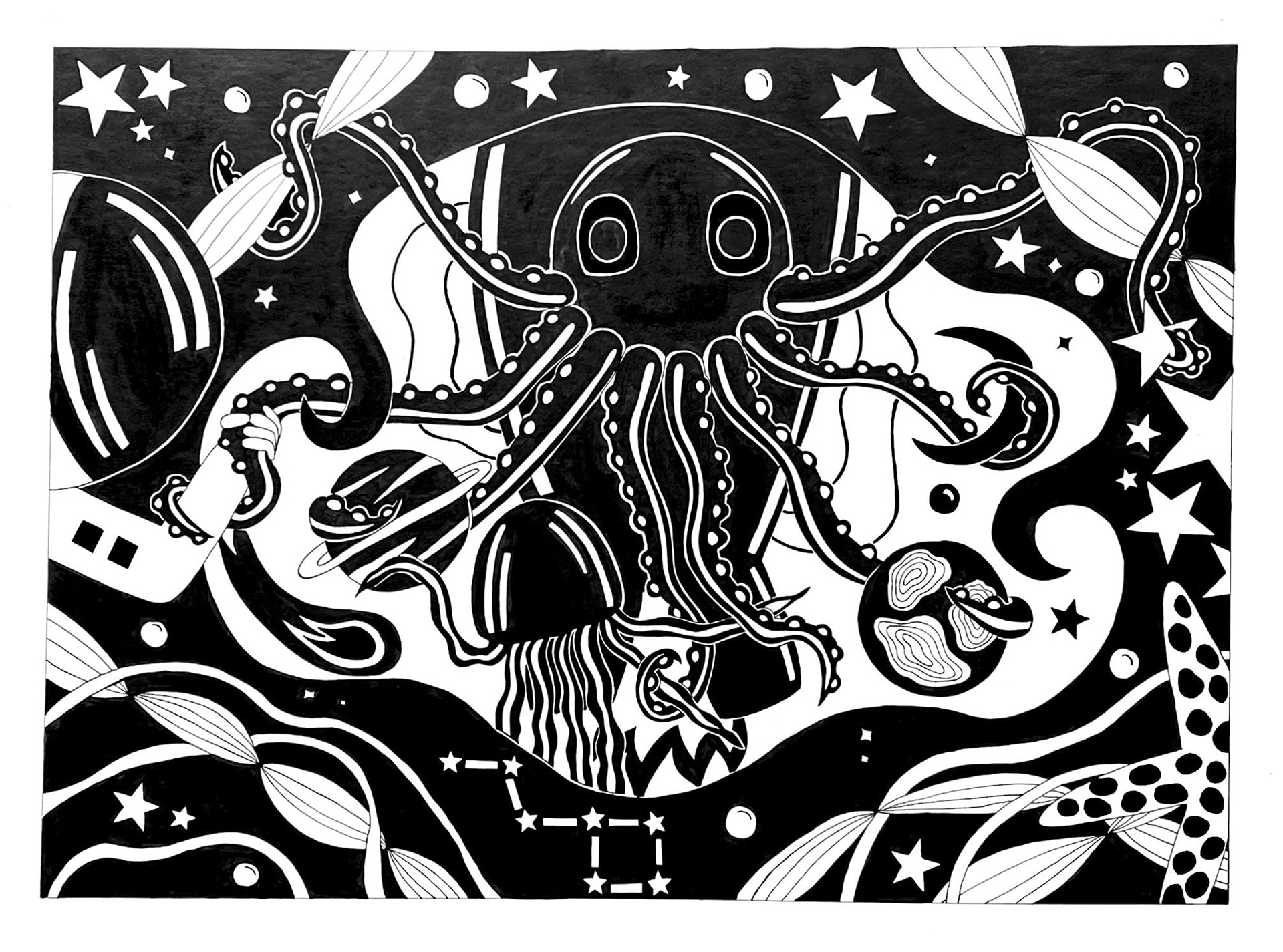 Silhouette painting of a mashup of underwater and space themes