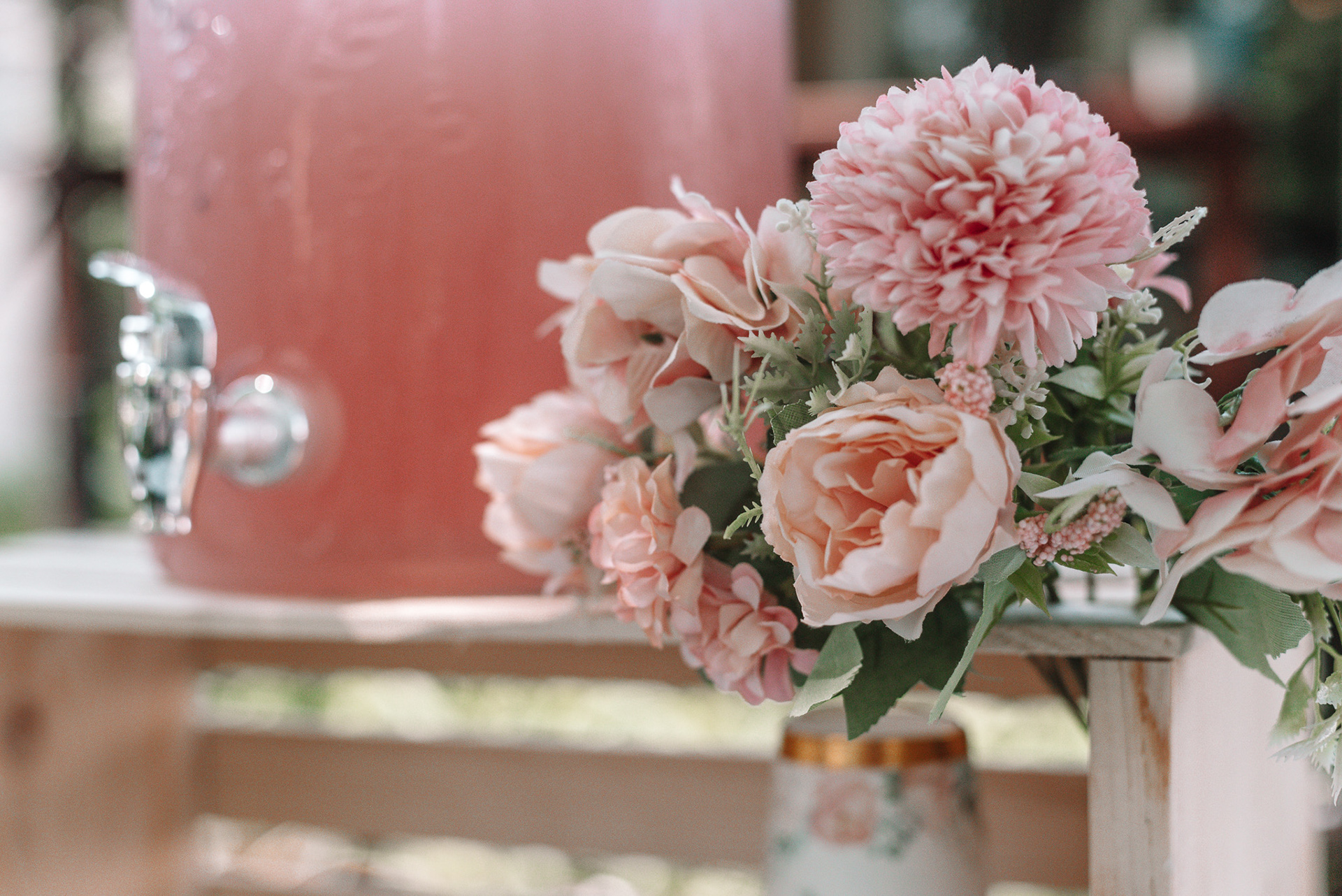 Photo of pink flowers and pink lemonade.