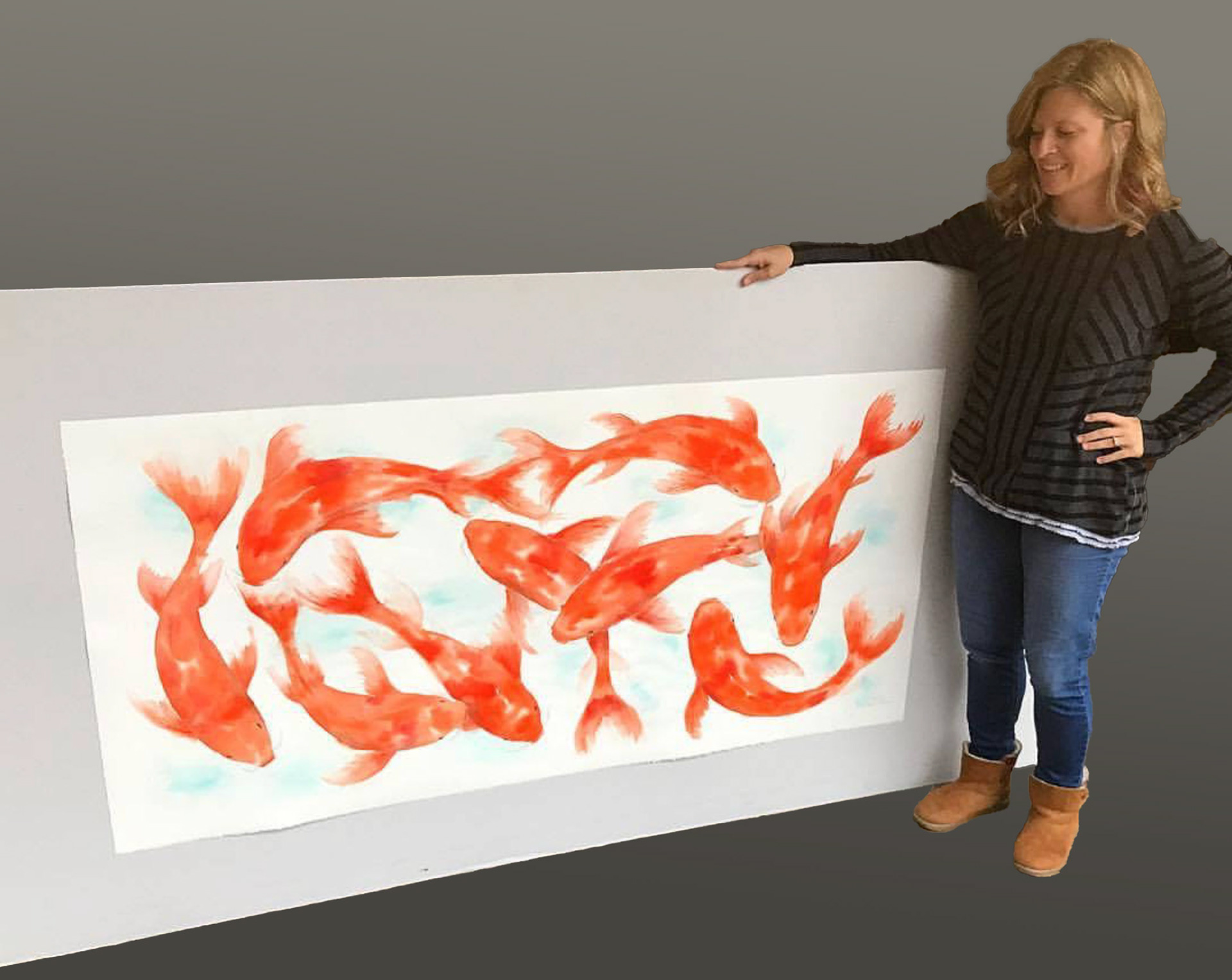 Nine Koi, 6' x 3', original watercolor