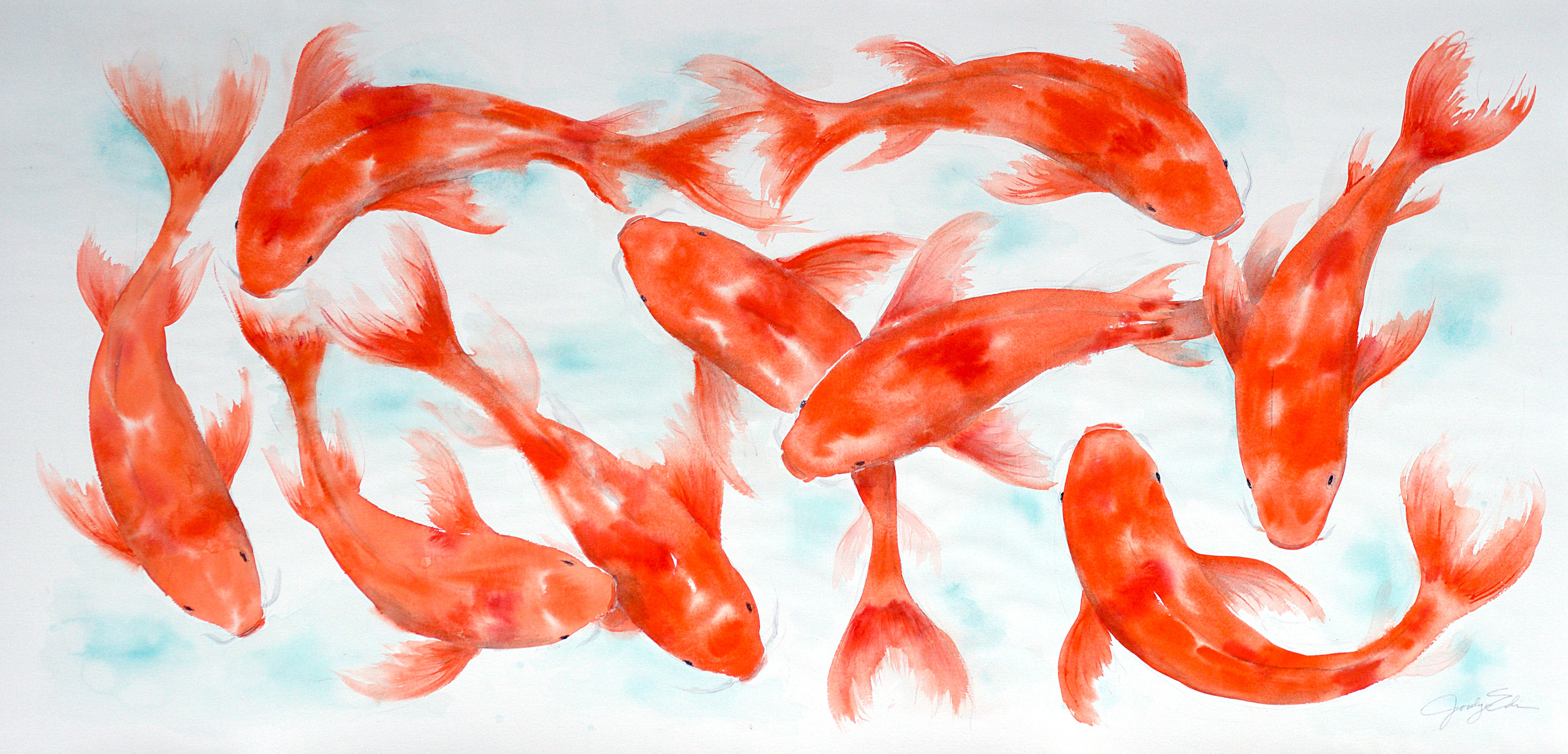 Nine Koi, 6' x 3', original watercolor