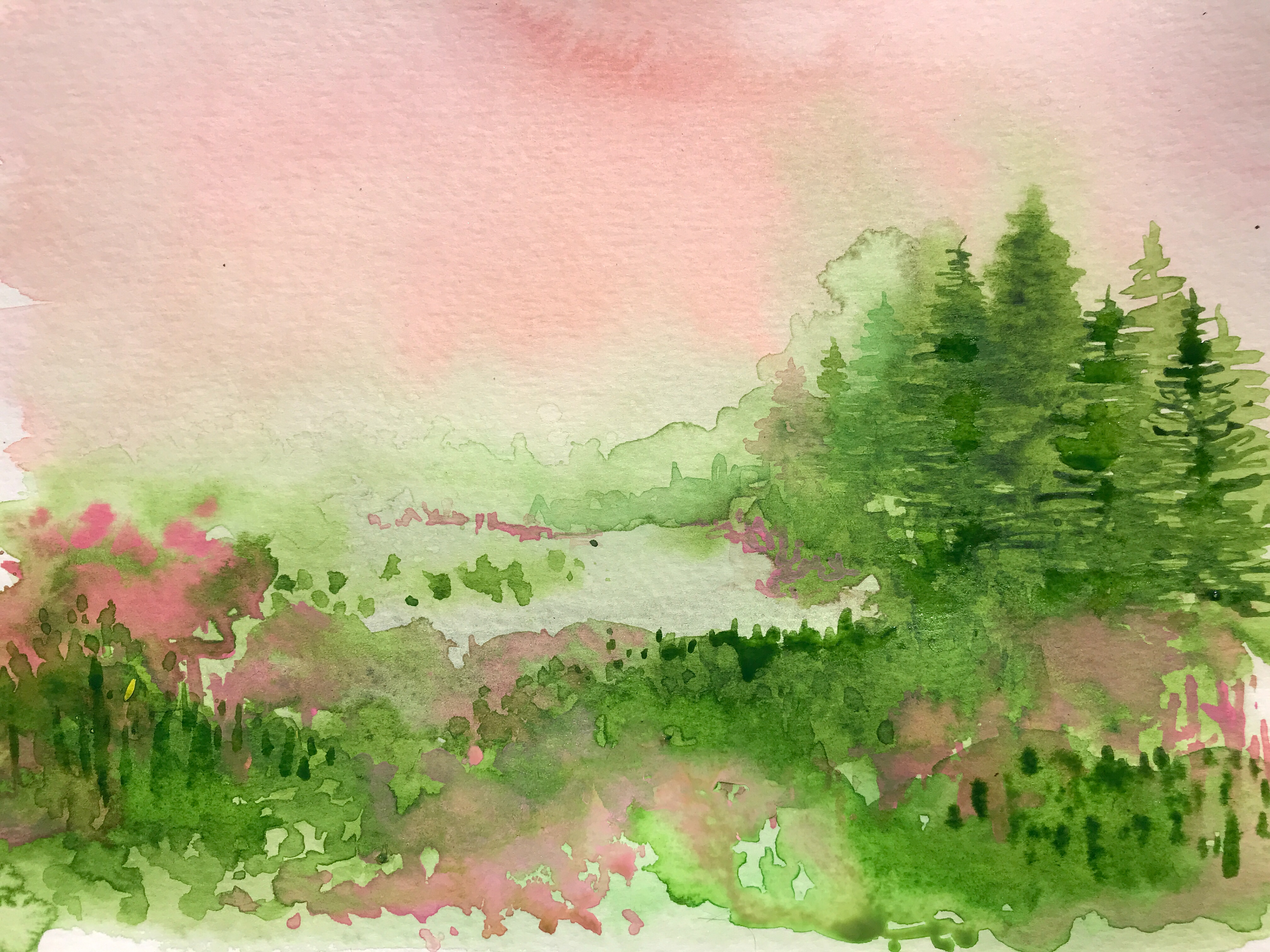 Pink & Green, original watercolor, 9"x12"