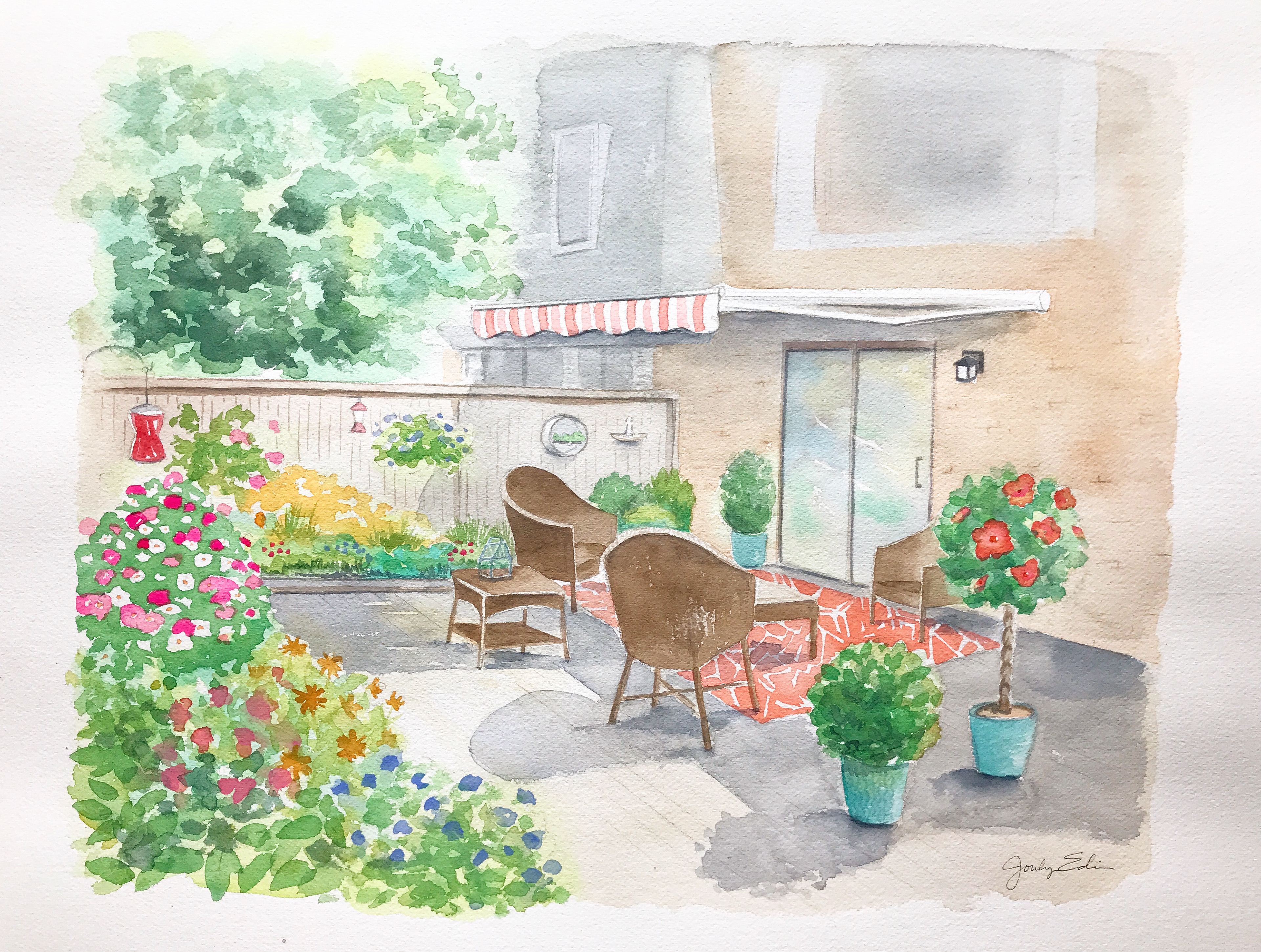 Backyard Oasis, 16" x 20", original watercolor