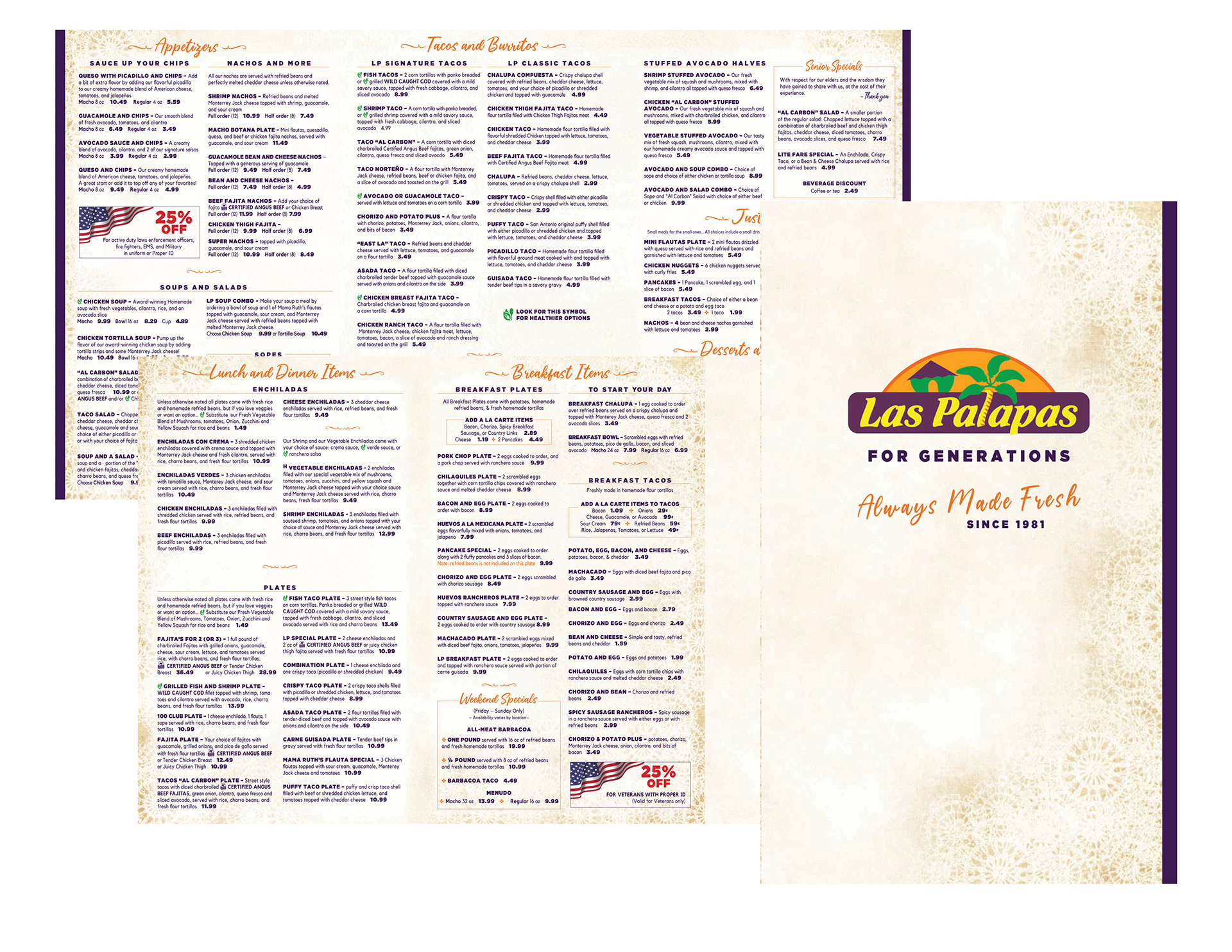 Design and Layout, Branding / Tri-Folded Restaurant Menu, 25.5" wide x 14" tall