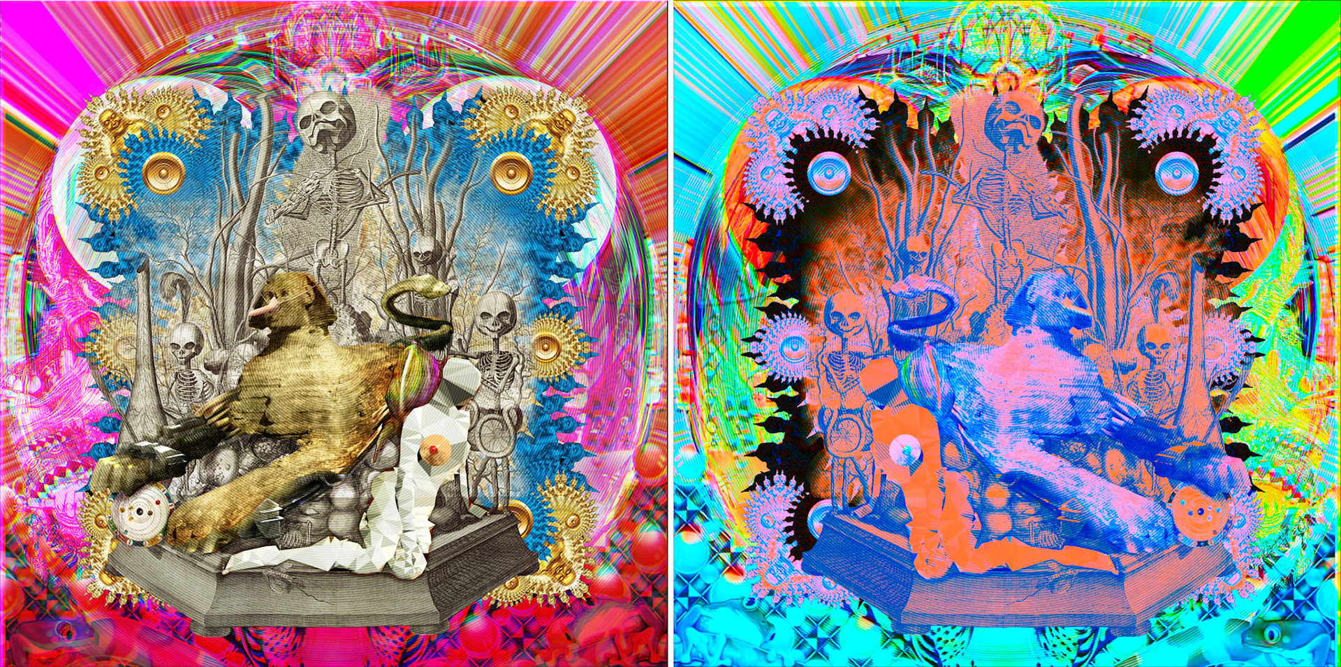 Conception du n° 7 de Trans-Image (2016). À gauche, le recto (A) ; à droite, le verso (B). Impression finale sur autocollant transparent, visible des deux côtés. 150 x 150 cm. © Dali Wu.