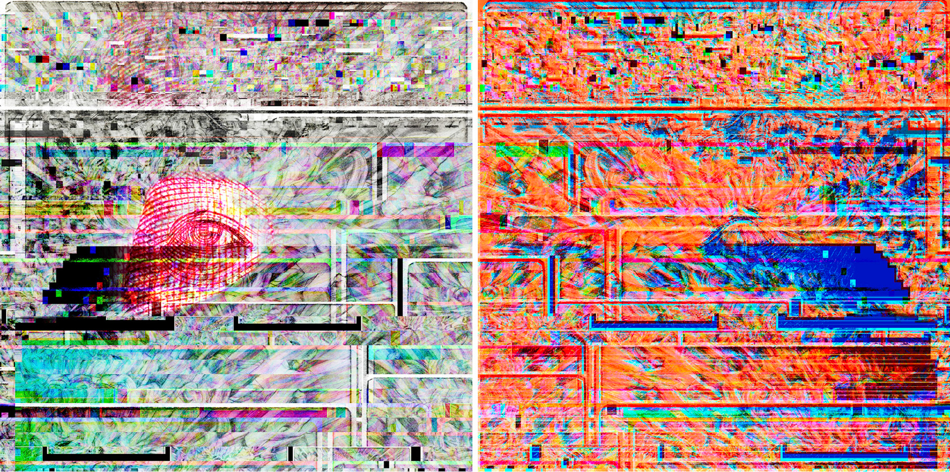 Conception du n° 5 de Trans-Image (2016). À gauche, le recto (A) ; à droite, le verso (B). Impression finale sur autocollant transparent, visible des deux côtés. 150 x 150 cm. © Dali Wu.