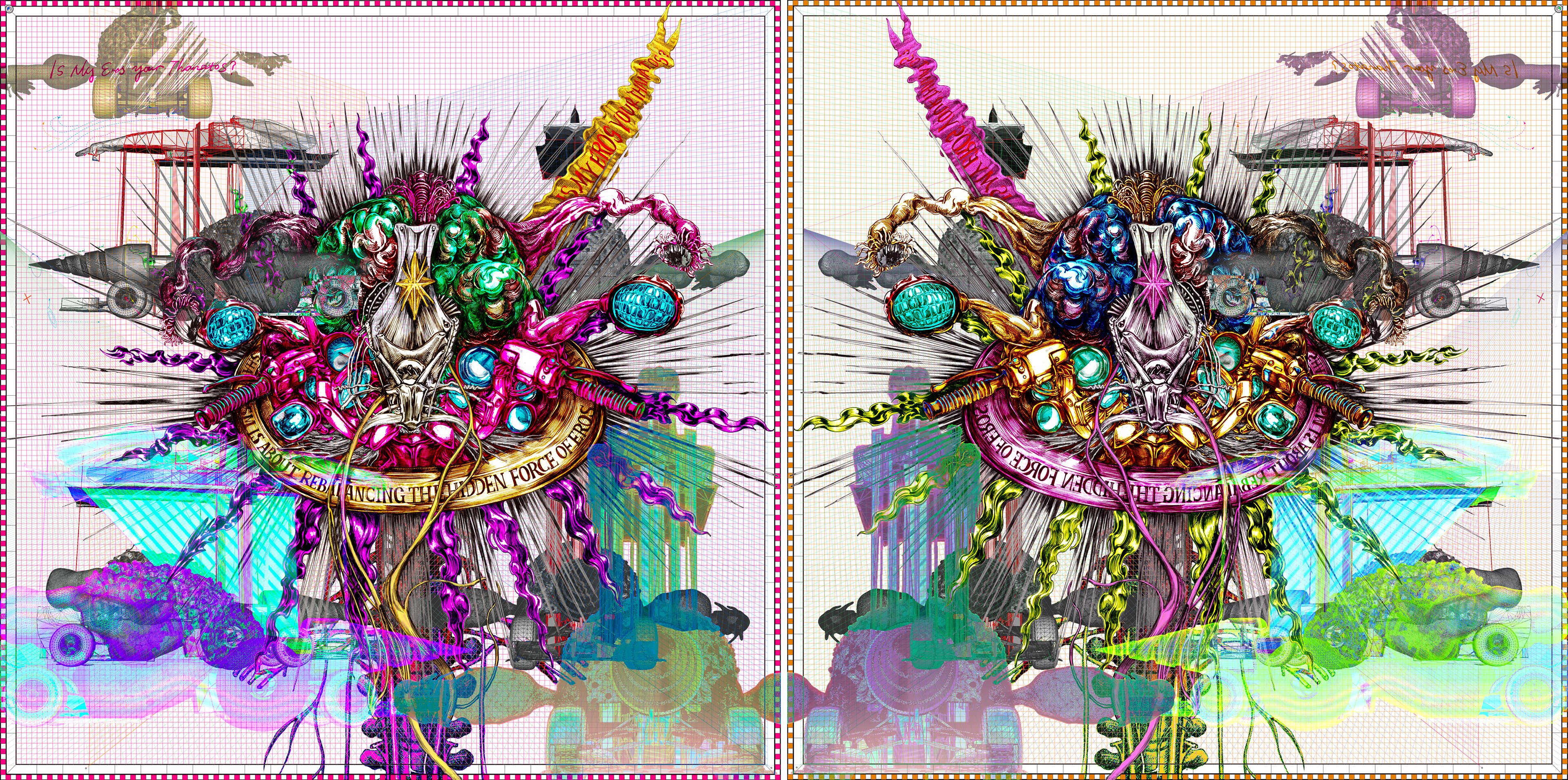 Conception du n° 6 de Trans-Image (2016). À gauche, le recto (A) ; à droite, le verso (B). Impression finale sur autocollant transparent, visible des deux côtés. 150 x 150 cm. © Dali Wu.