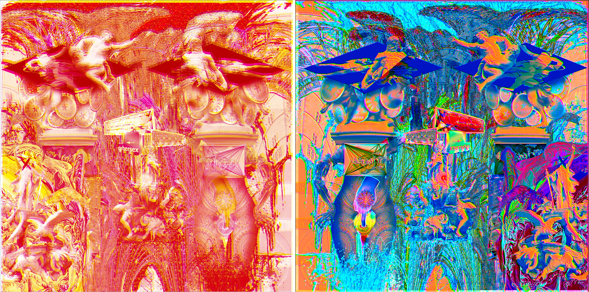 Conception du n° 3 de Trans-Image (2016). À gauche, le recto (A) ; à droite, le verso (B). Impression finale sur autocollant transparent, visible des deux côtés. 150 x 150 cm. © Dali Wu.