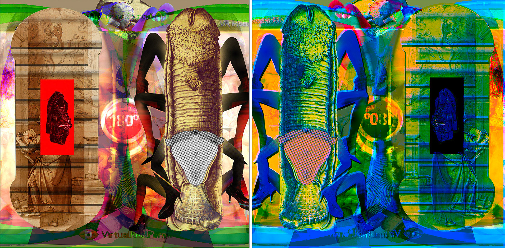 Conception du n° 4 de Trans-Image (2016). À gauche, le recto (A) ; à droite, le verso (B). Impression finale sur autocollant transparent, visible des deux côtés. 150 x 150 cm. © Dali Wu.