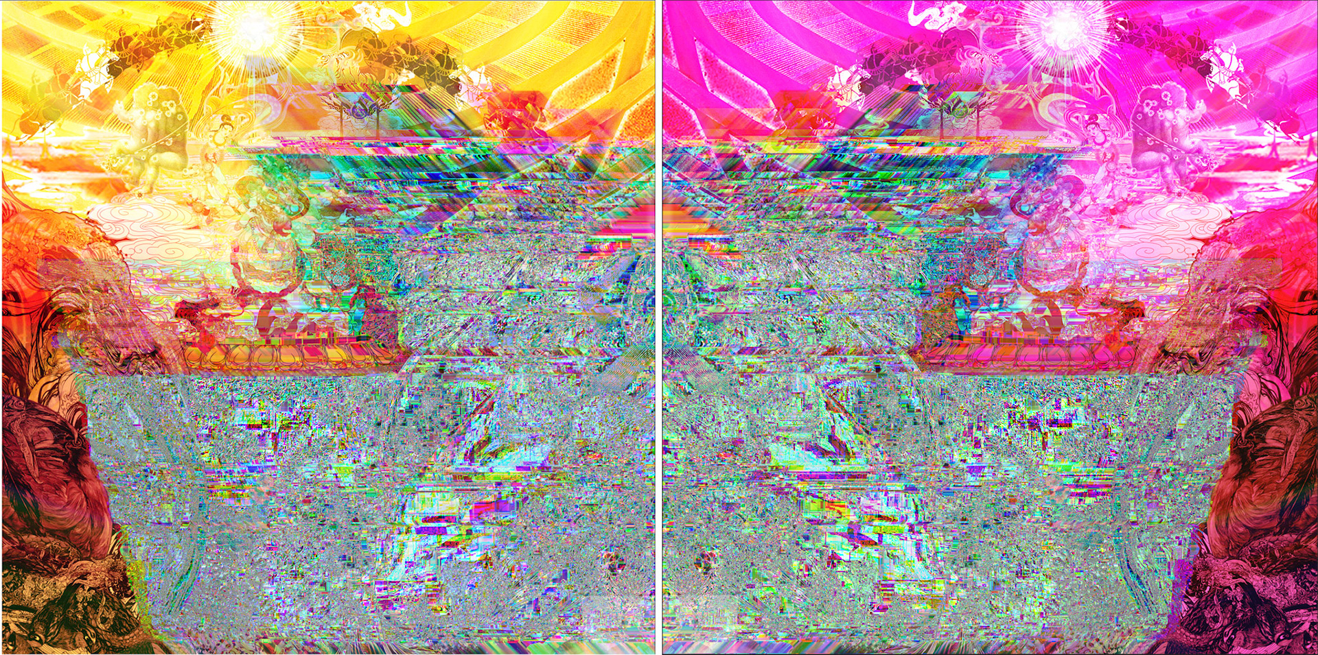 Conception du n° 8 de Trans-Image (2016). À gauche, le recto (A) ; à droite, le verso (B). Impression finale sur autocollant transparent, visible des deux côtés. 150 x 150 cm. © Dali Wu.