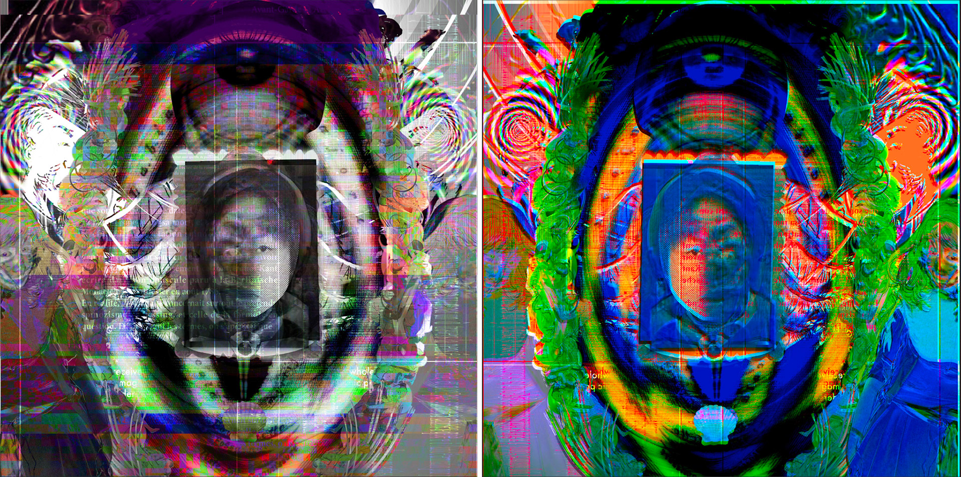 Conception du n° 1 de Trans-Image (2016). À gauche, le recto (A) ; à droite, le verso (B). Impression finale sur autocollant transparent, visible des deux côtés. 150 x 150 cm. © Dali Wu.