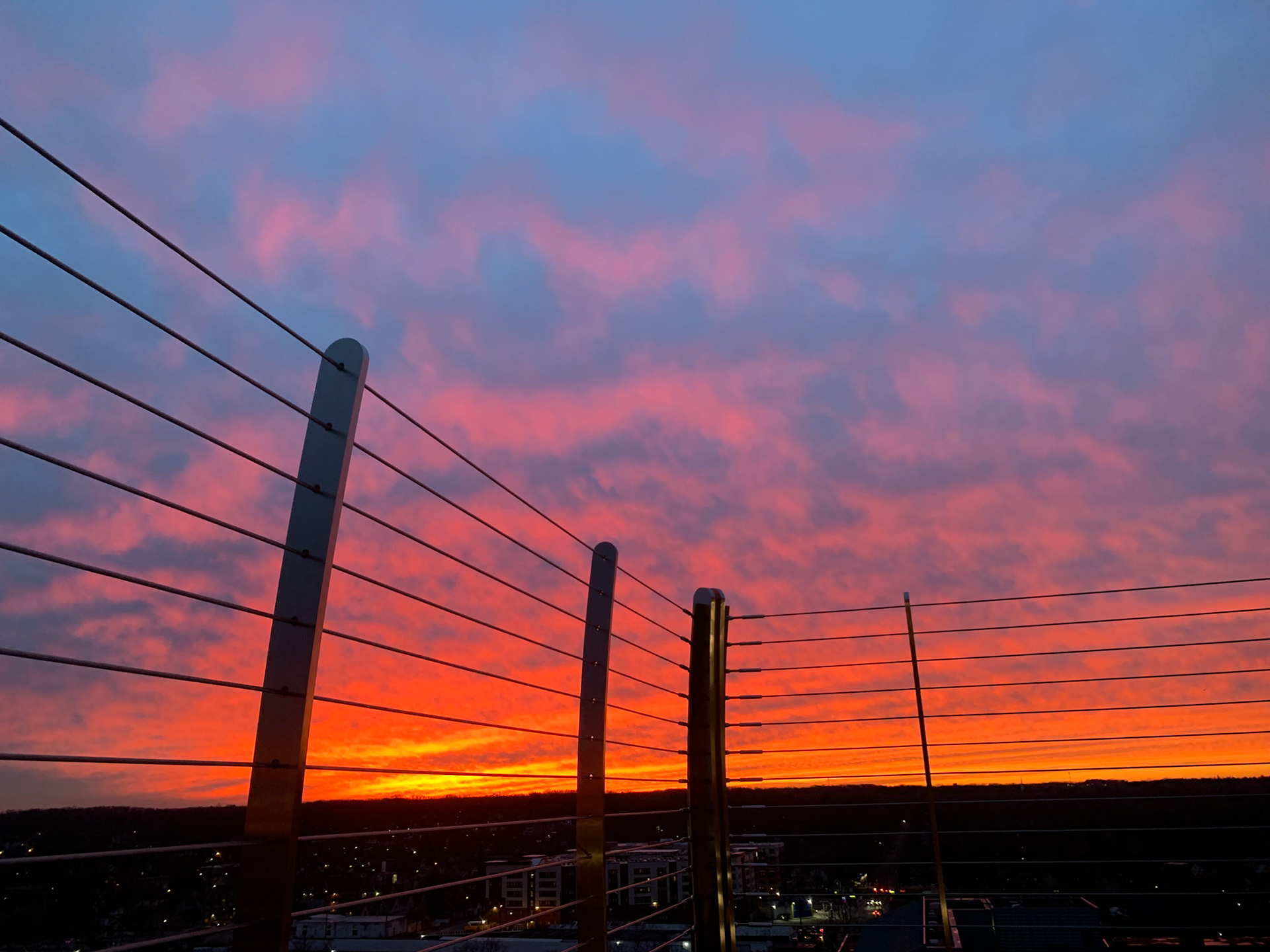 sunset over Hatcher during finals season