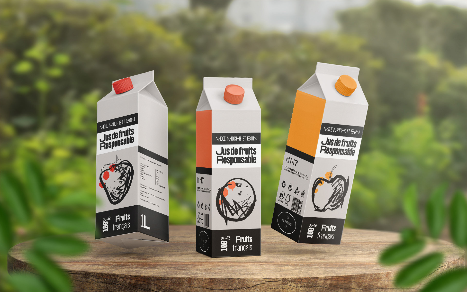 Mise en situation de trois packs de jus de fruits au design expressif