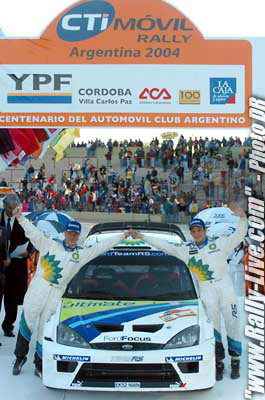 2004 World Rally ChampionshipRally Argentina, July 15-18, 2004Francois Duval and Stephane Prevot celebrate 3rd place on the podium.Photo:  Ralph Hardwick
