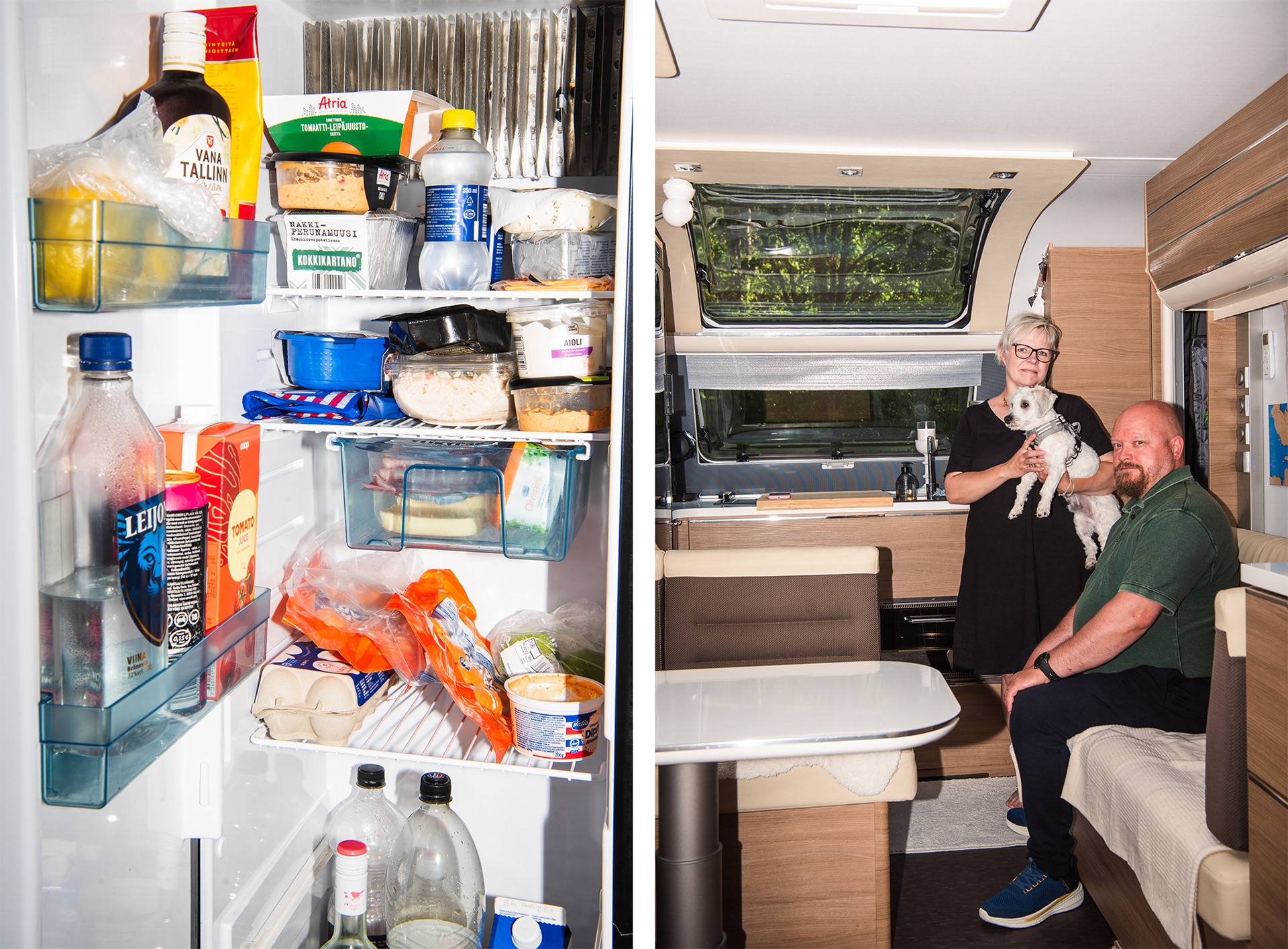Juha ja Jenni Pietilä asuvat keväästä syksyyn asuntovaunussa Maisansalon camping-alueella. Pienestä koostaan huolimatta keittiöstä löytyy kaikki tarpeellinen, ja harvat neliöt on hyödynnetty kekseliäästi. Lisää työtilaa saadaan esimerkiksi hellan ylle aseteltavalla leikkuulaudalla. Sulo-koiran ruoka- ja juomakupit sopivat jääkaapin alle. Pietilöiden taloudessa jääkaapissa on aina kivennäisvettä – ja grillimakkaraa. Tampere, 2025.