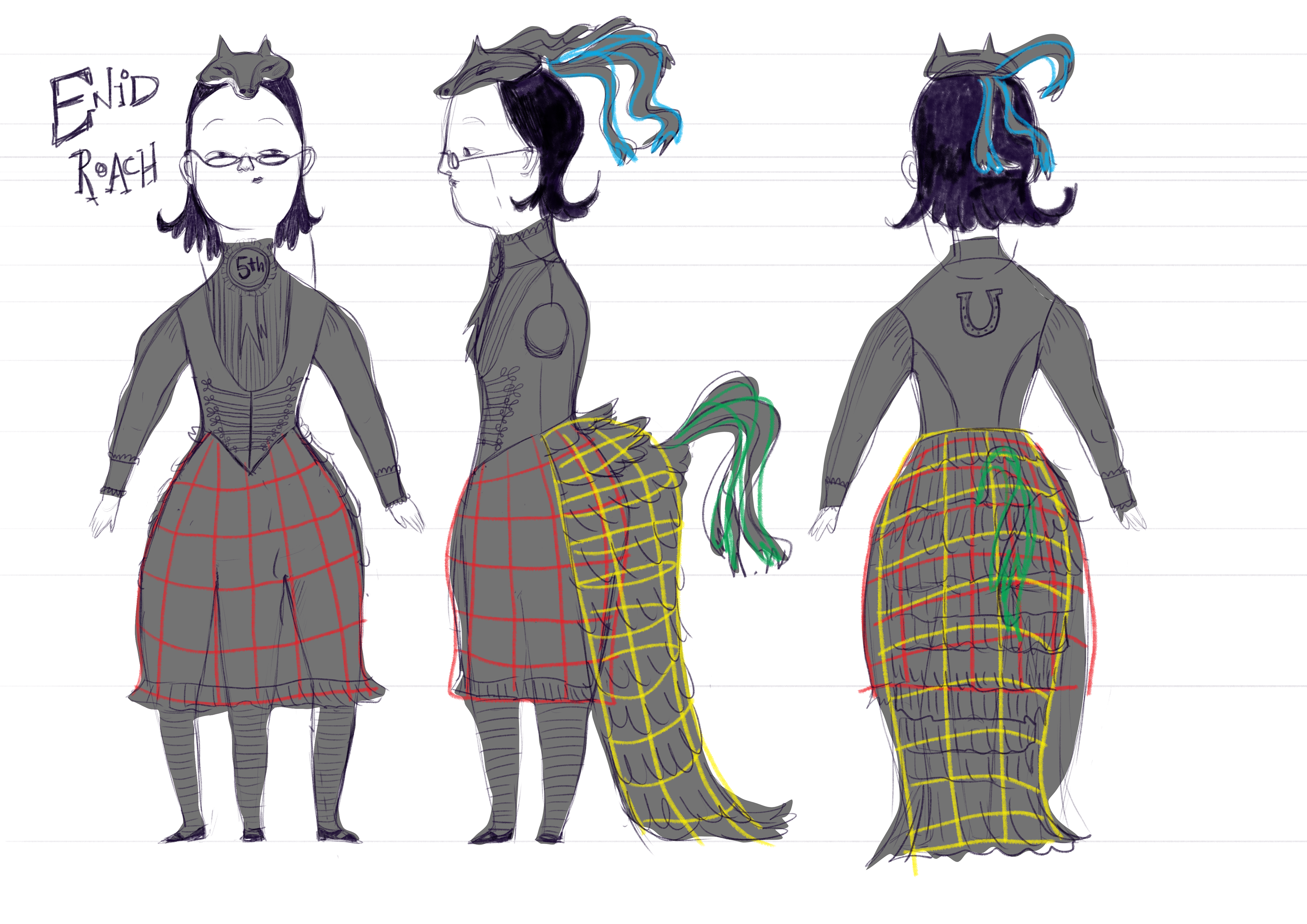 Enid Roach with armature rig for costume