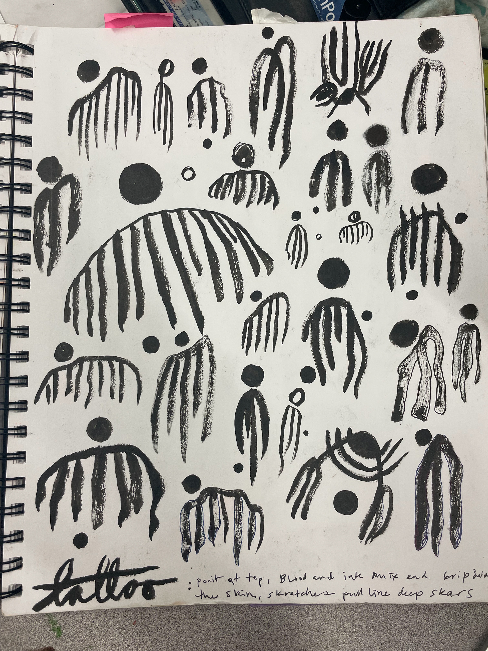 Sketchbook page of how I came up with my logo design for Heavy Body Art Tattoo