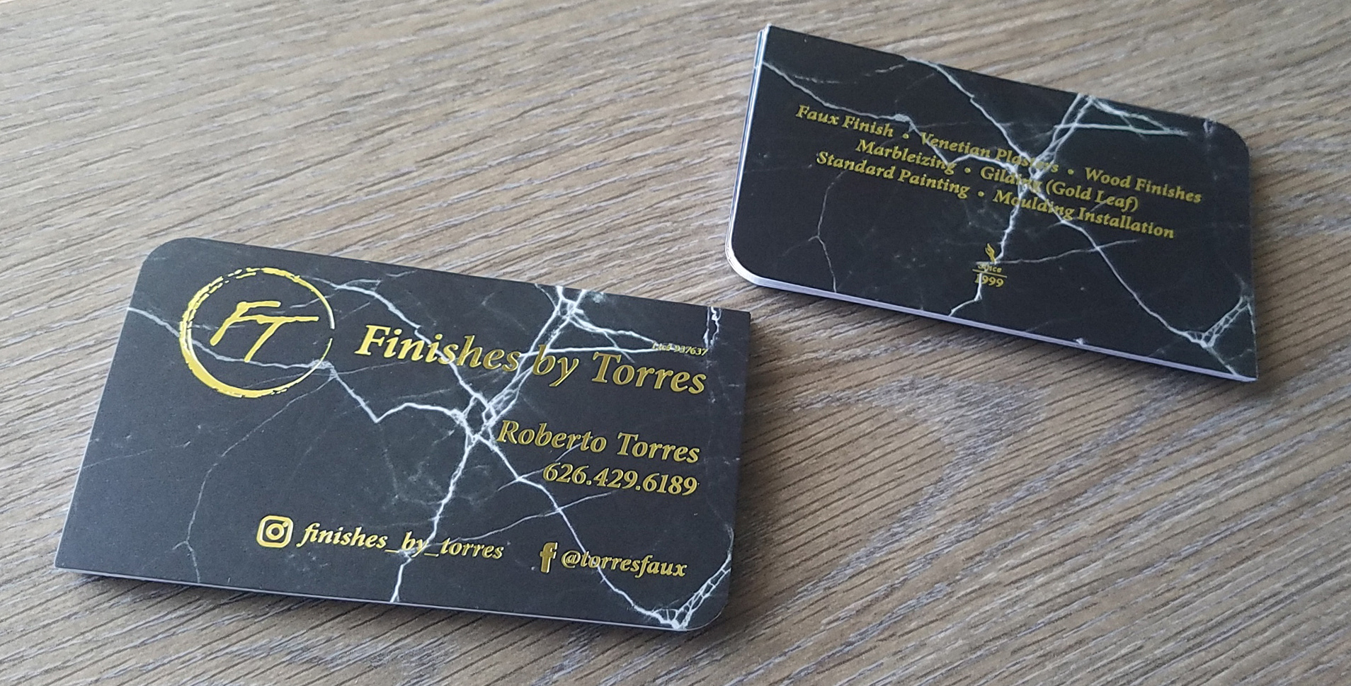 Business Cards; 16pt SIlk Lam w/gold leaf foil & leaf cut edges.