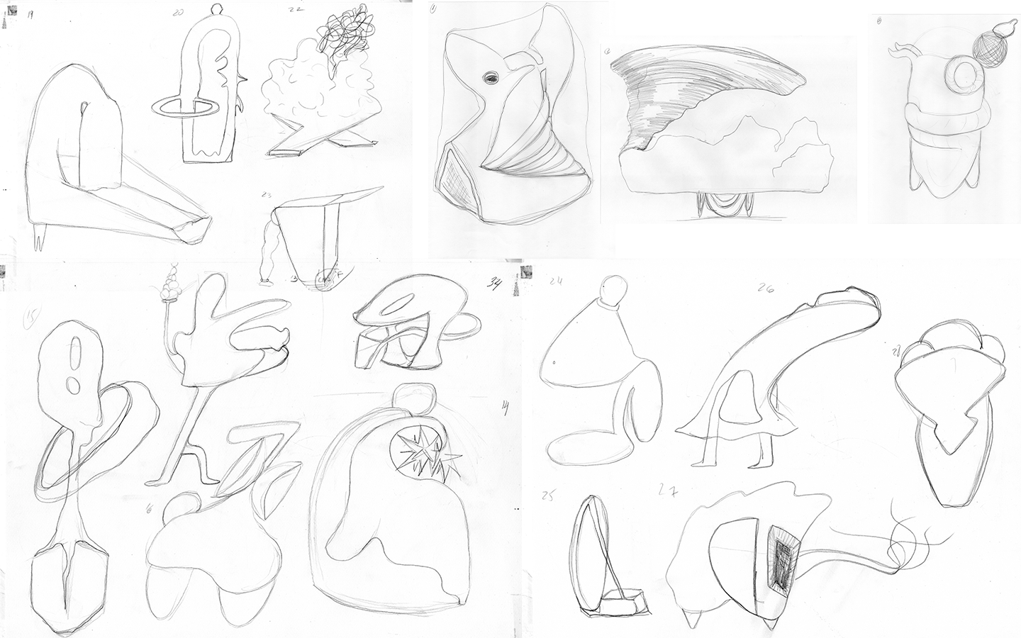 First sketches for objects 1-3, 13-16, 19-23, 24-29, 34