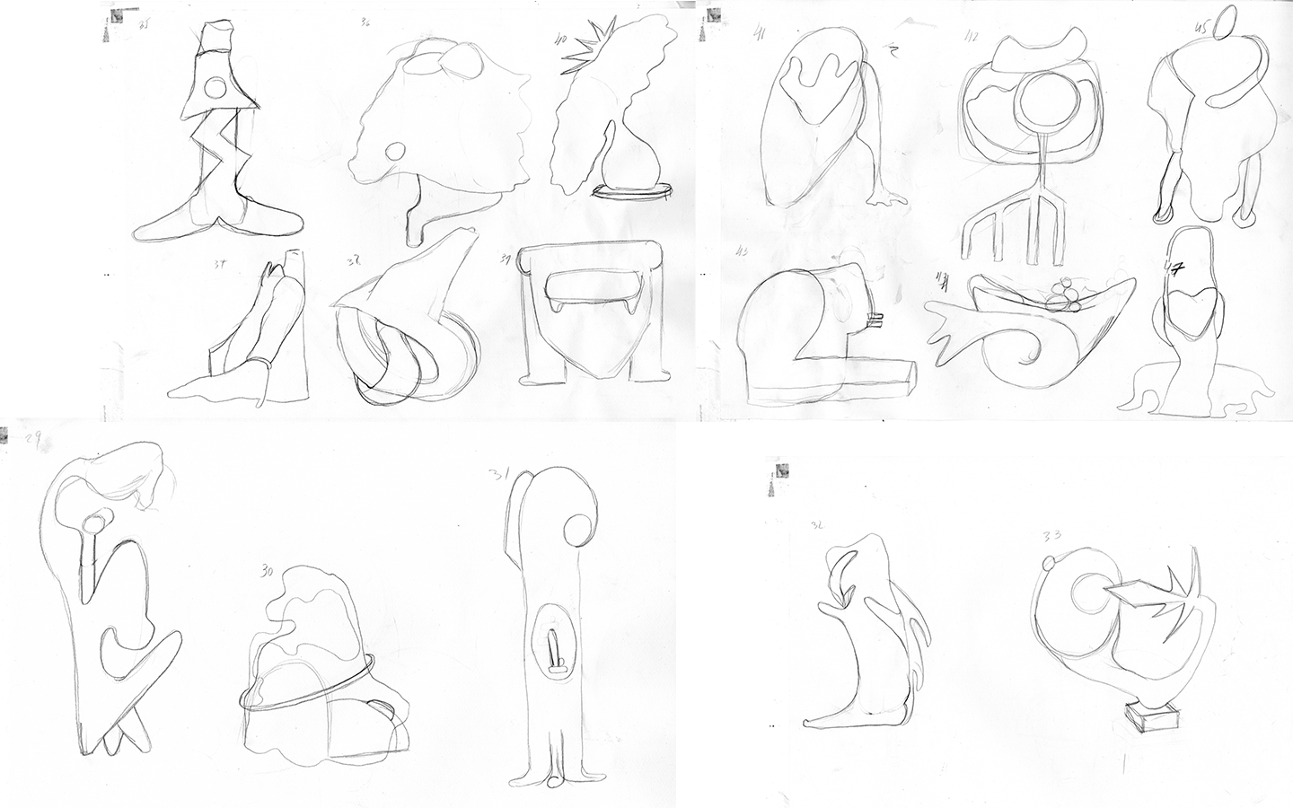First sketches for objects 29-33, 35-40, 41-47 (some didn't get into the project)