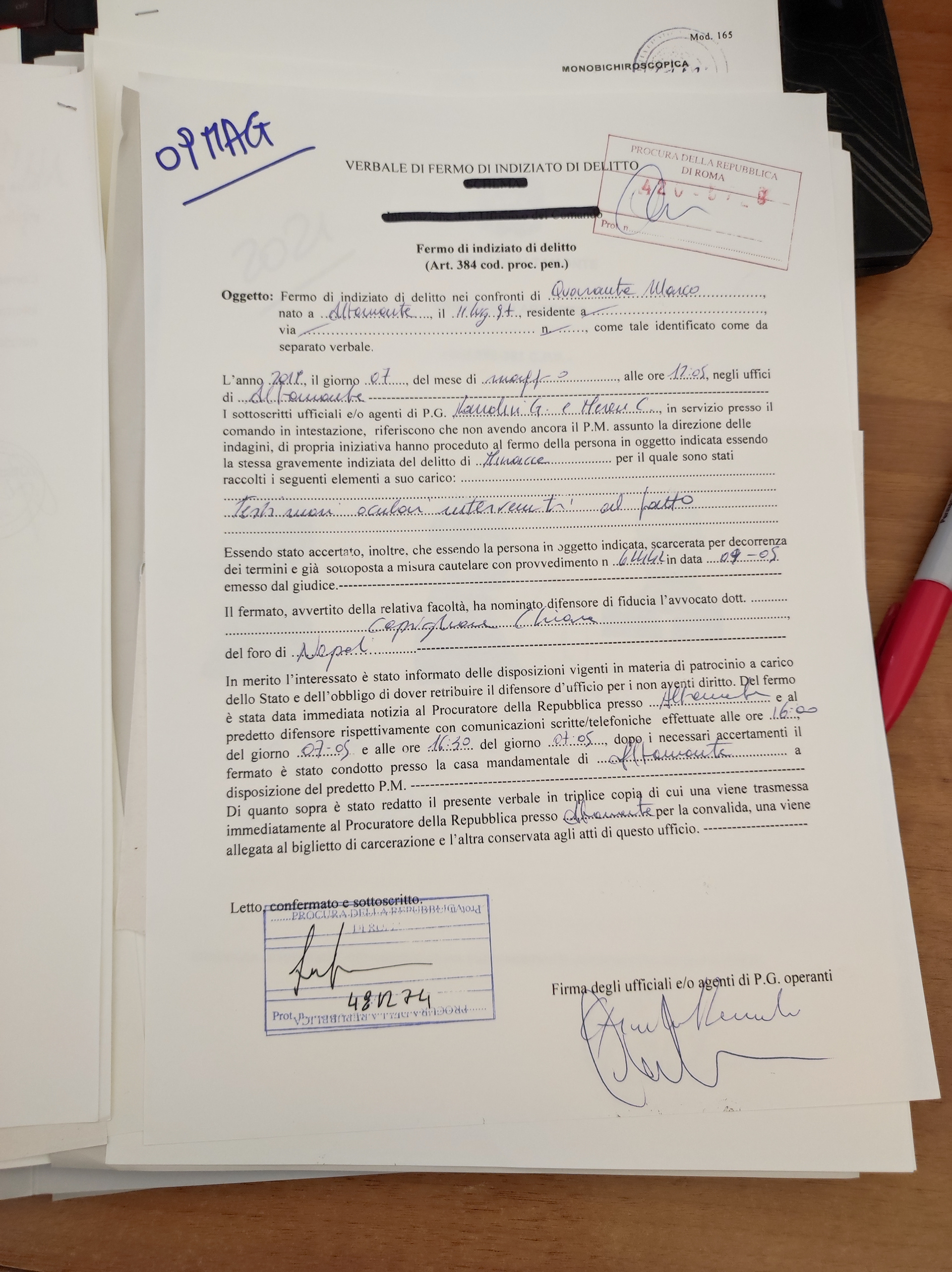 Forms for detention of the suspect
