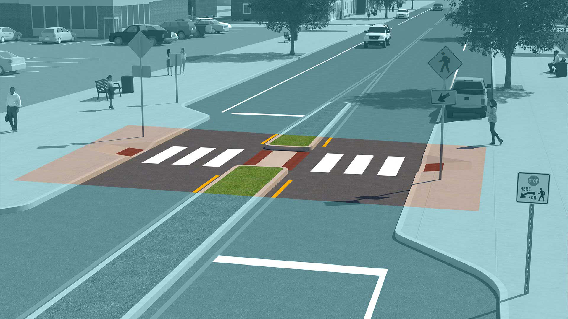 A pedestrian crossing with bumpouts & median