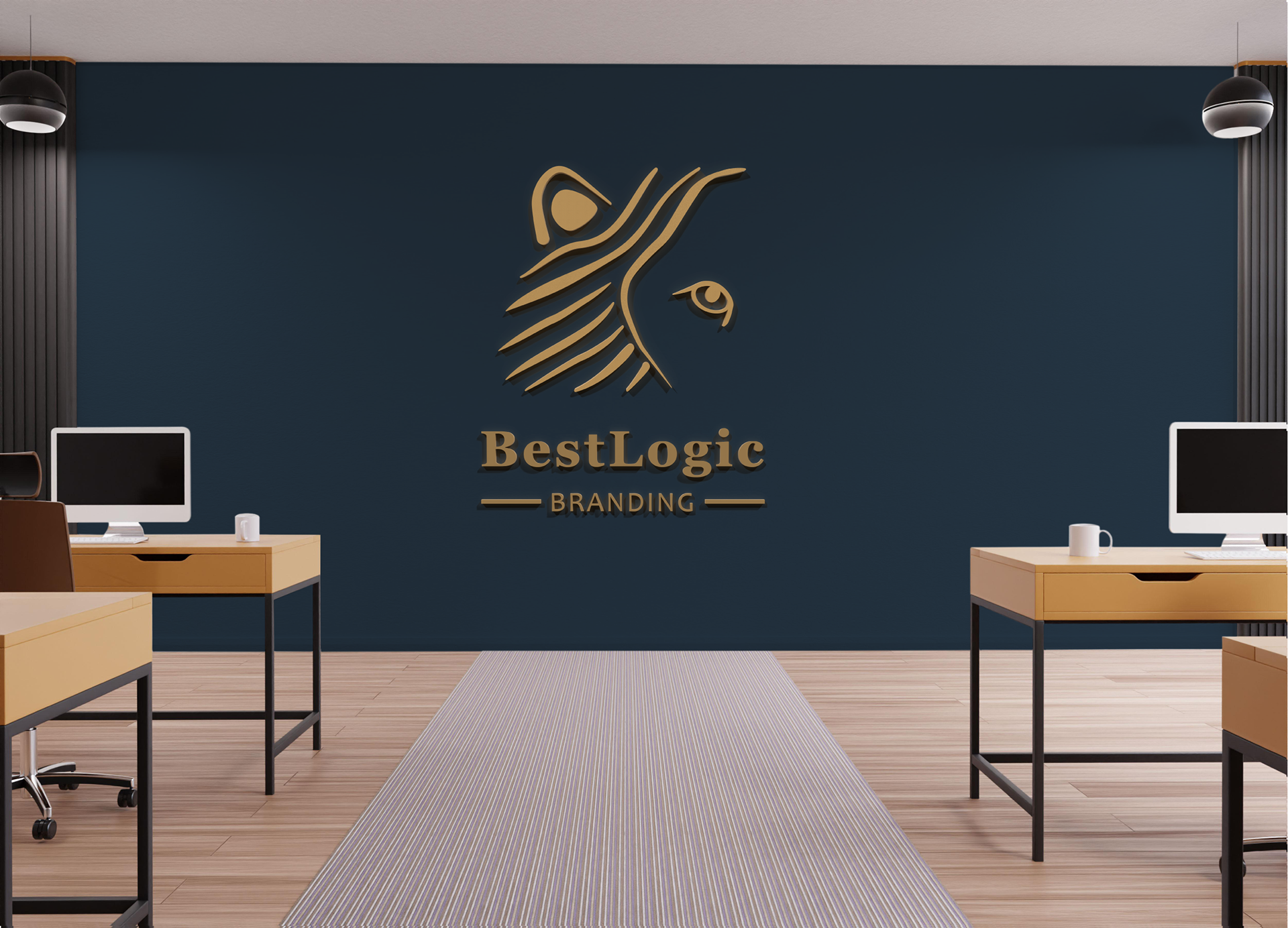 Yellow dimensional letters directly mounted to a wall painted navy.