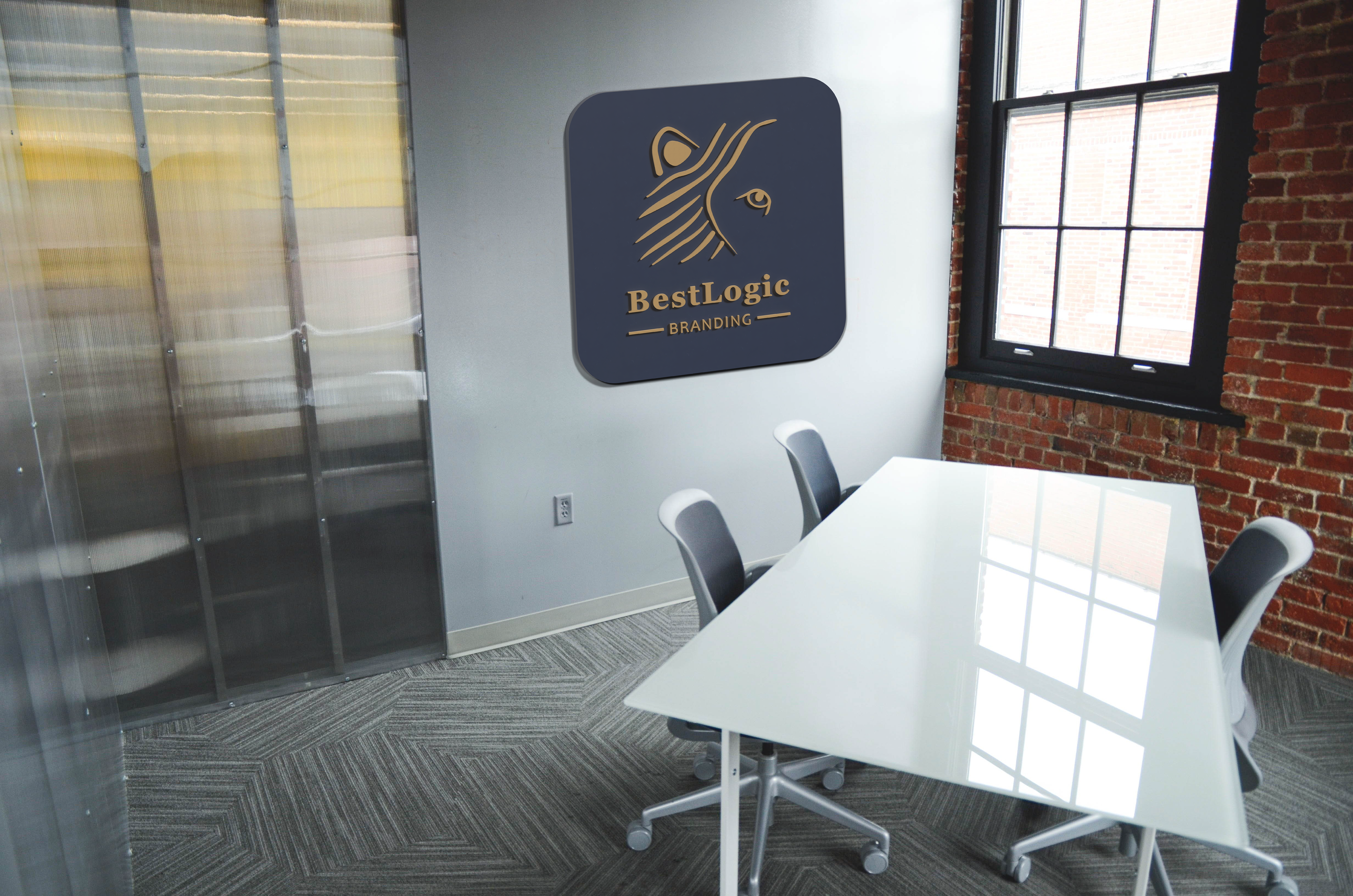 Yellow dimensional letters on a wall mounted navy backer.