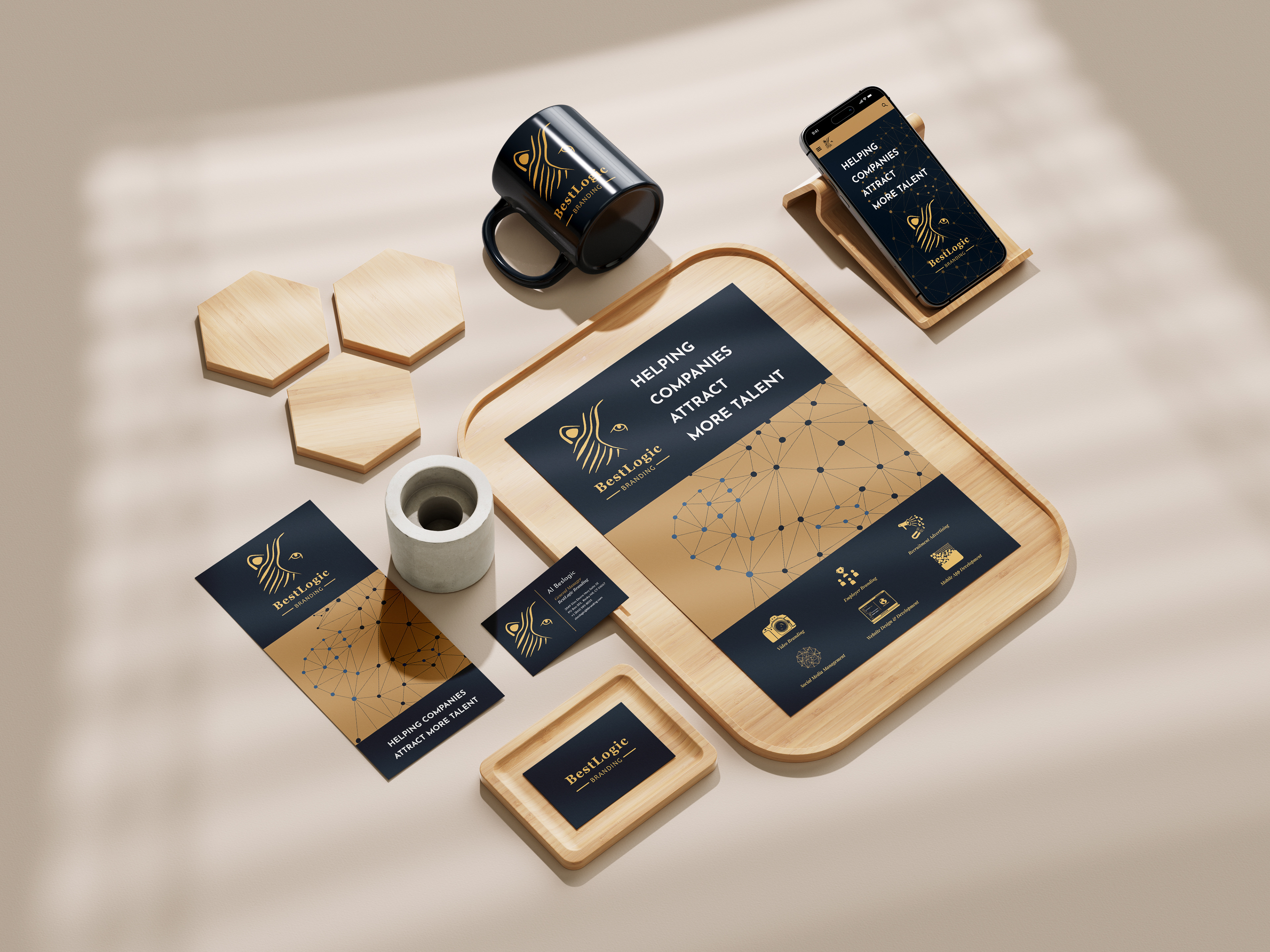 Stationary examples with screen and coffee mug
