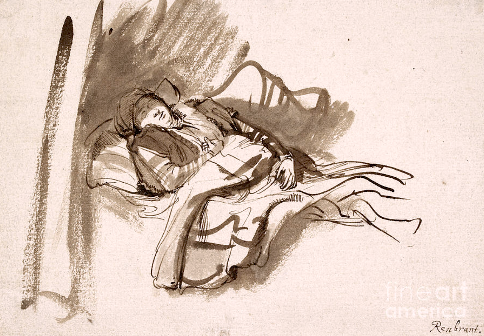Saskia slapend in bed, Rembrandt van Rijn, pen en bruine inkt