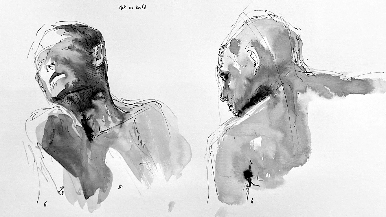 VERKOCHT | twee hoofden | 2024 | inkt op papier | 20 x 45 cm