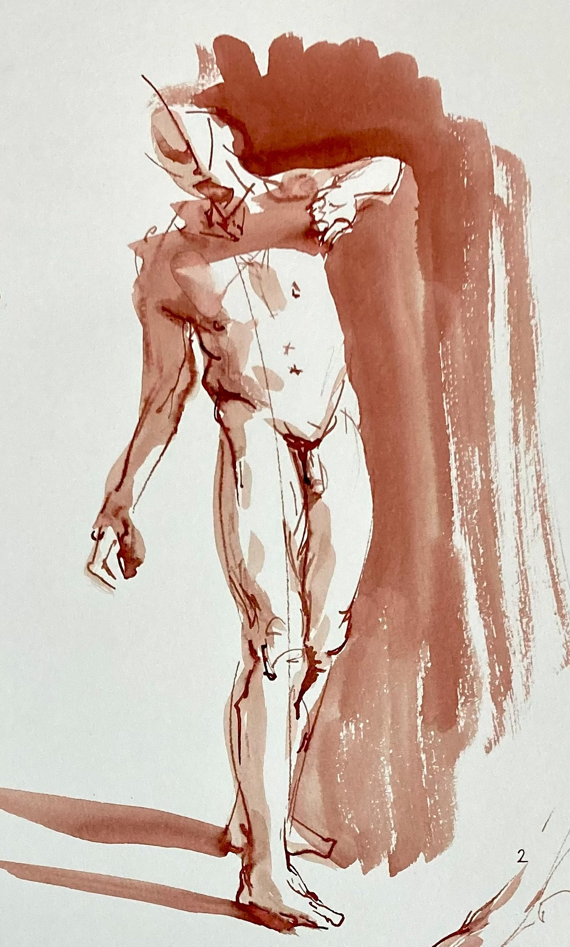 VERKOCHT | staande figuur | 2024 | rode bister op papier | 45 x 20 cm