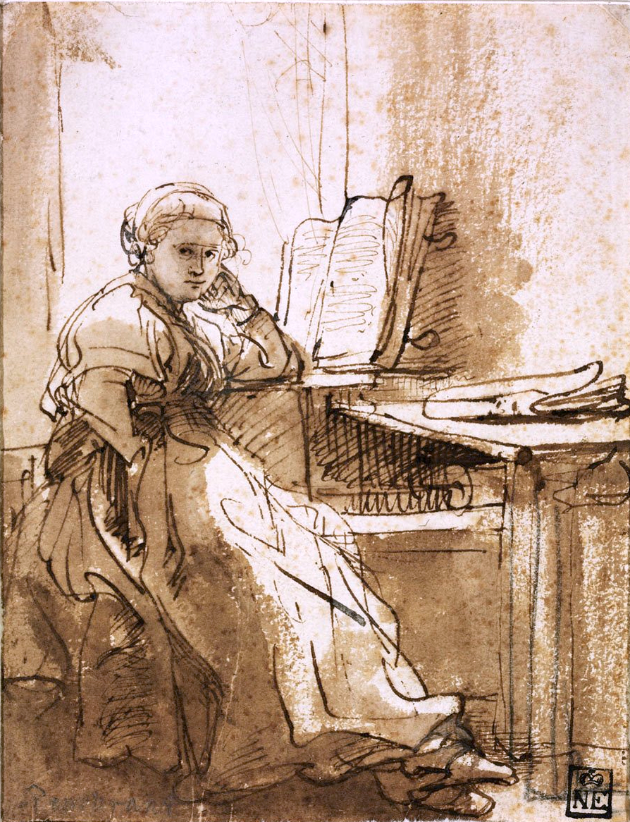 Saskia zittend bij het raam, Rembrandt van Rijn, 1635-1638, pen en inkt, 164 x 125 mm, Szépművészeti Múzeum, Budapest