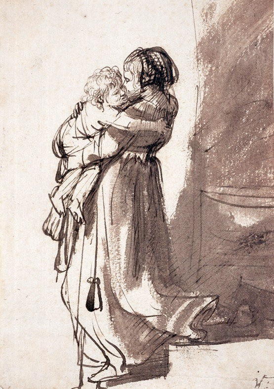 Vrouw die een kind de trap af draagt, Rembrandt van Rijn, pen en inkt