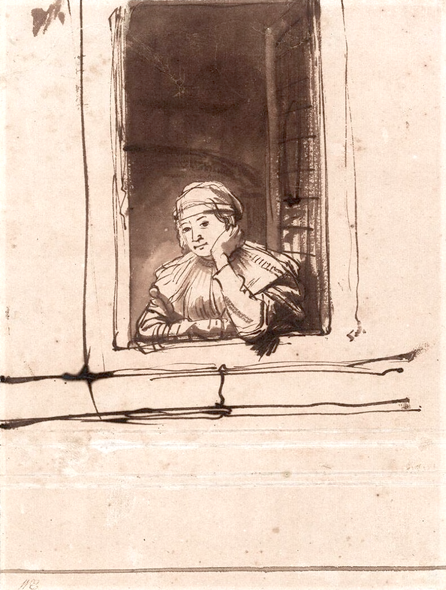 Rembrandts vrouw Saskia Uylenburgh in het open raam, Rembrandt van Rijn, pen en inkt