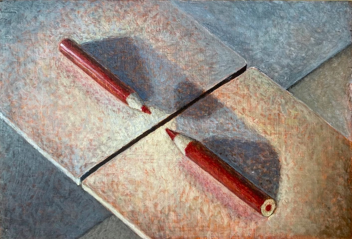VERKOCHT | de kiezer kijkt zichzelf in de spiegel | 2023 | acryl op hout | 10 x 15