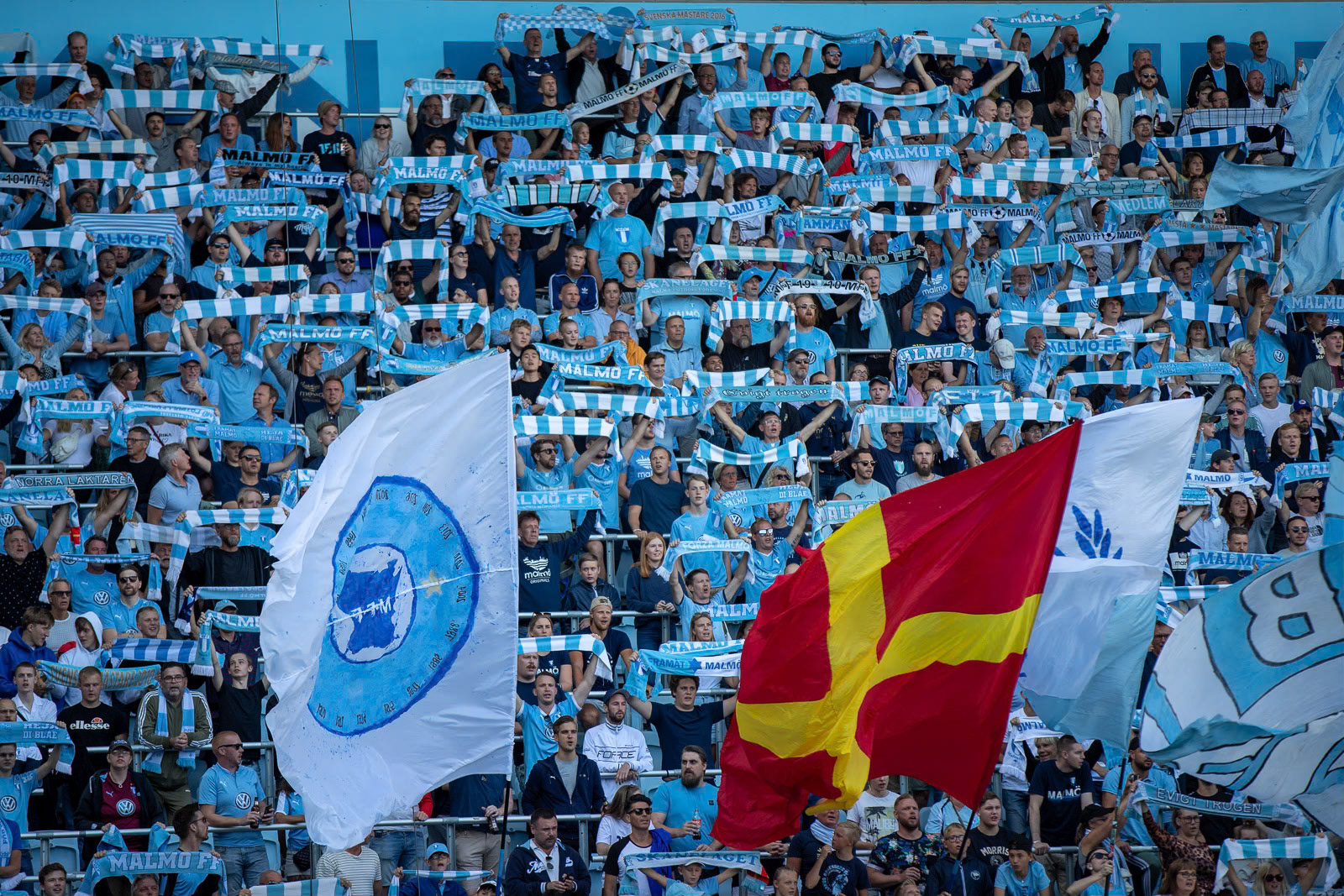 2019-07-11 | Malmö, Sweden: Malmö FF supporters during the game between Malmö FF and Ballymena United FC at Swedbank Stadion ( Photo by: Roger Linde | Swe Press Photo )Keywords: Swedbank Stadion, Malmö, Soccer, Europa League, Malmö FF, Ballymena United FC