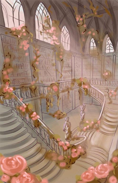 Environment Concept for gothic library overgrown with roses and vines