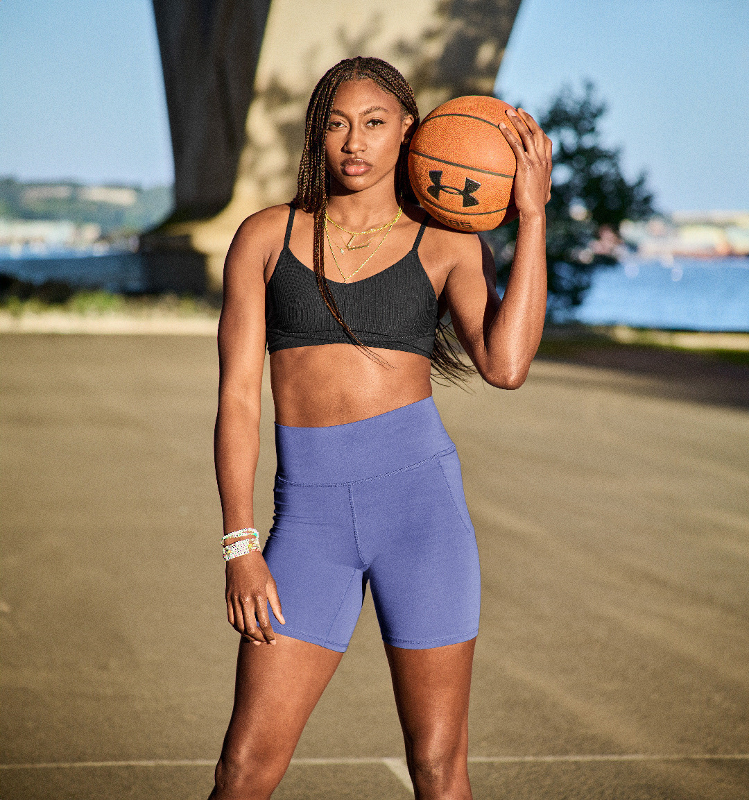 WNBA forward Diamond Miller. Bike short and a bra, court-ready.