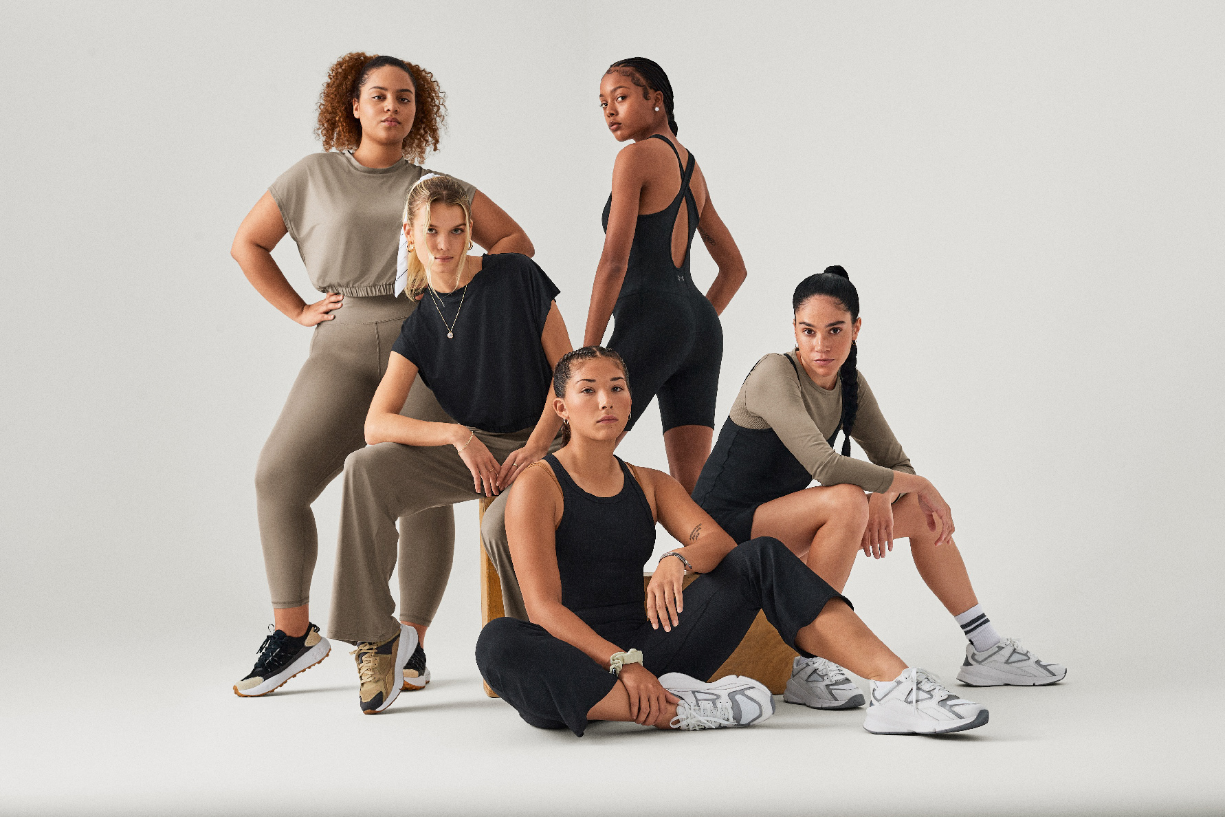 Five women, five ways to wear one line. Tees, tanks, bras, unitards, all the same soft hand.