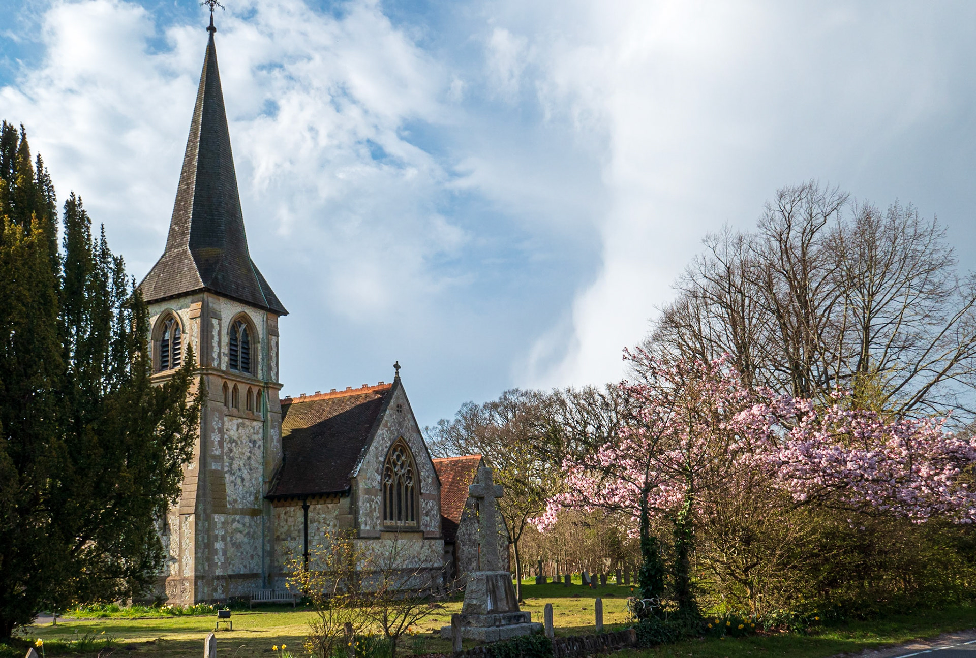 Church and cherry blossom