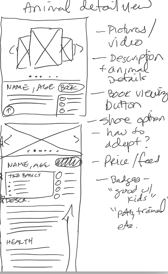 Paper wireframes for the animal detail page
