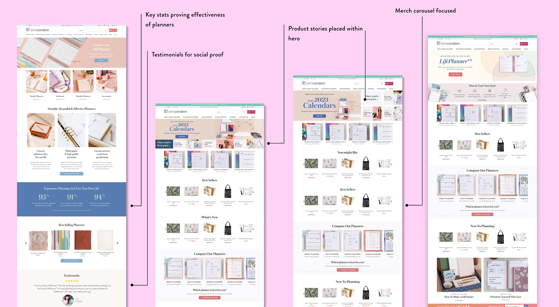 Iterations of homepage layouts and elements