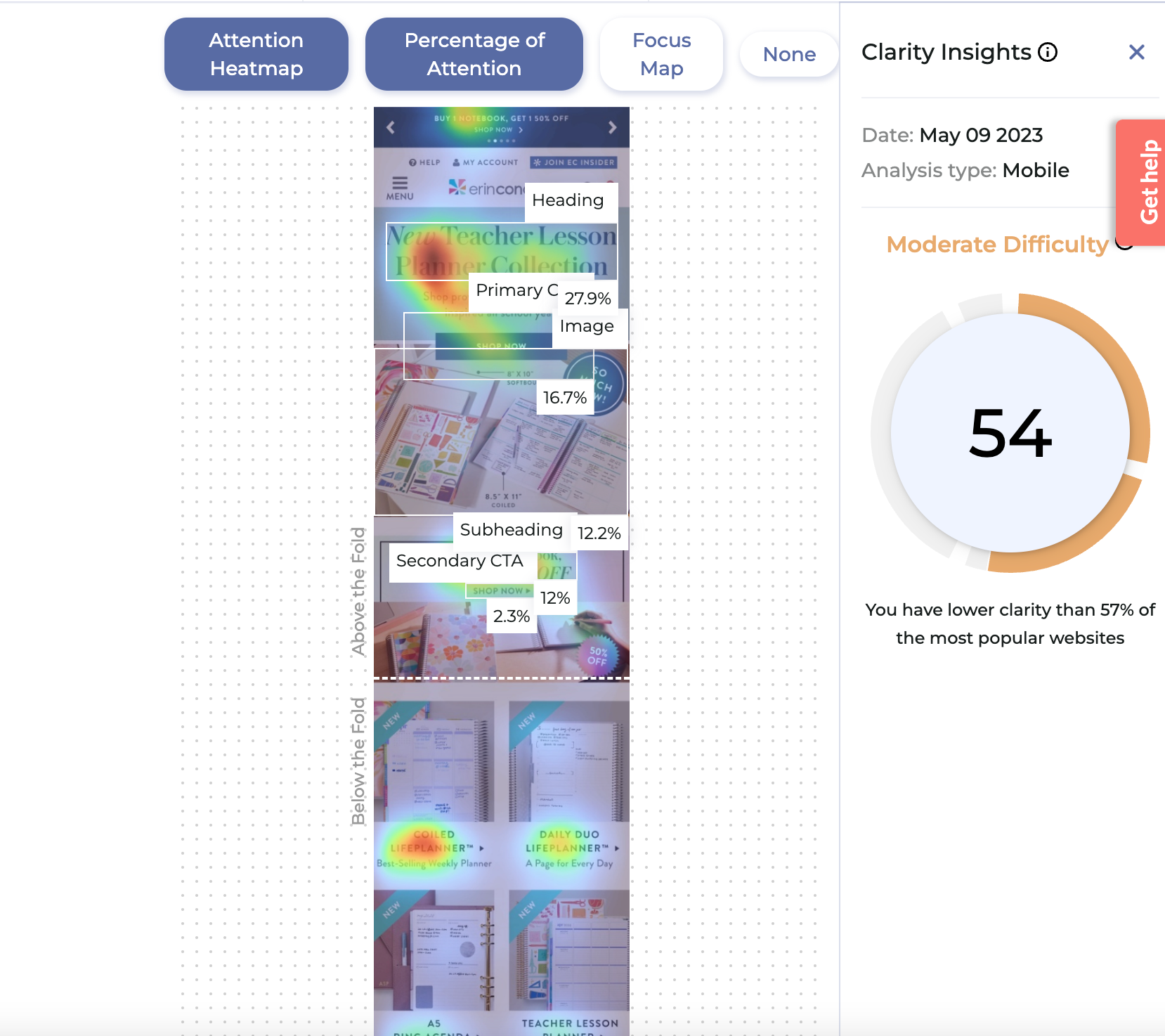 AI generated heatmap analysis of new versus existing homepage.