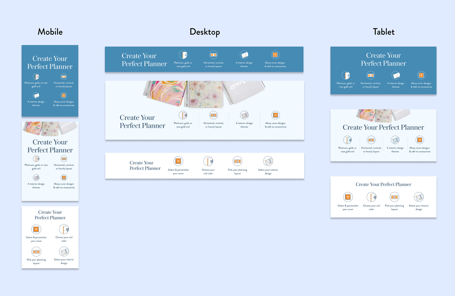 Iterations of educational block on homepage regarding customization options.